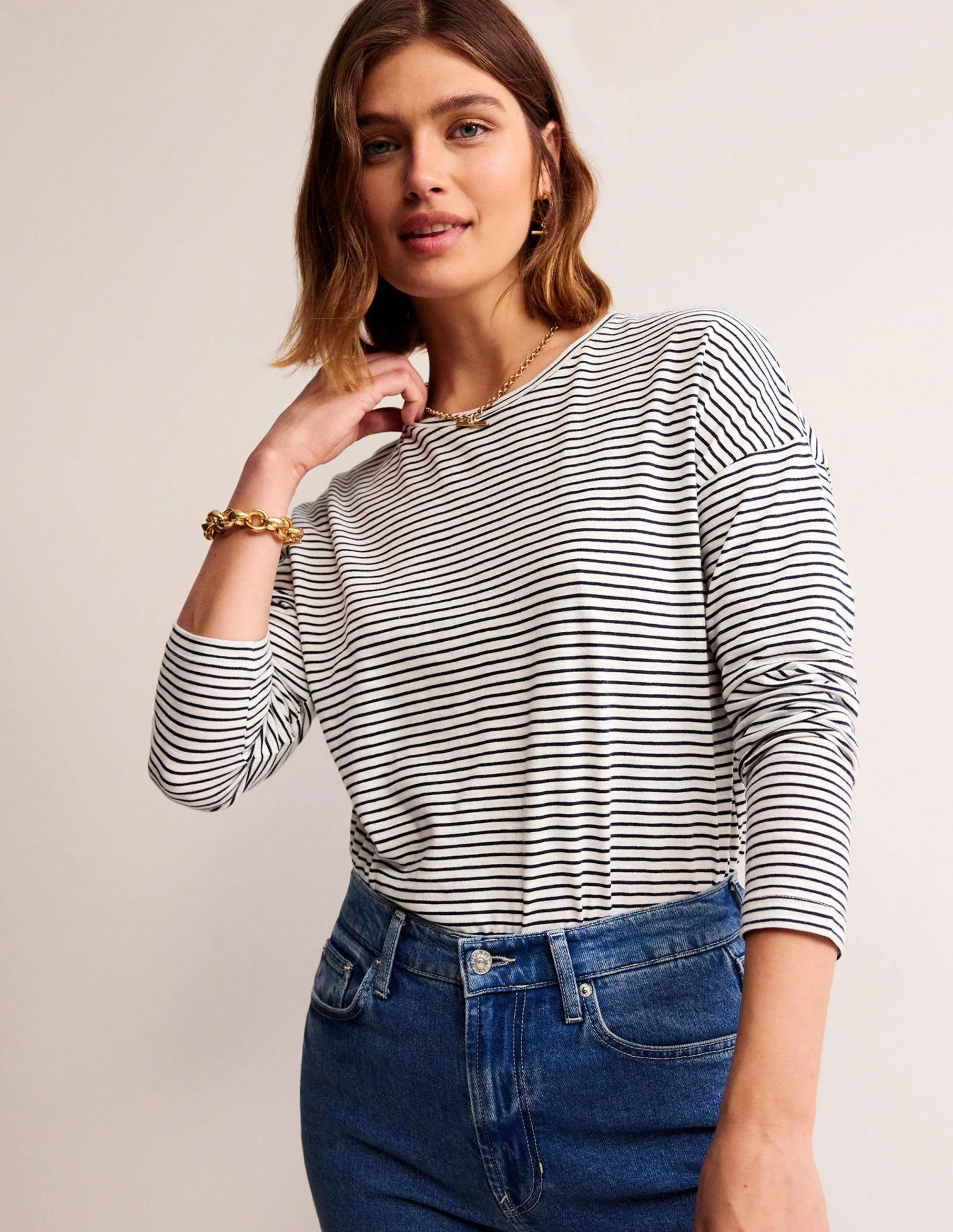 Cotton Dropped Shoulder Top-Ivory, Navy - Image 4