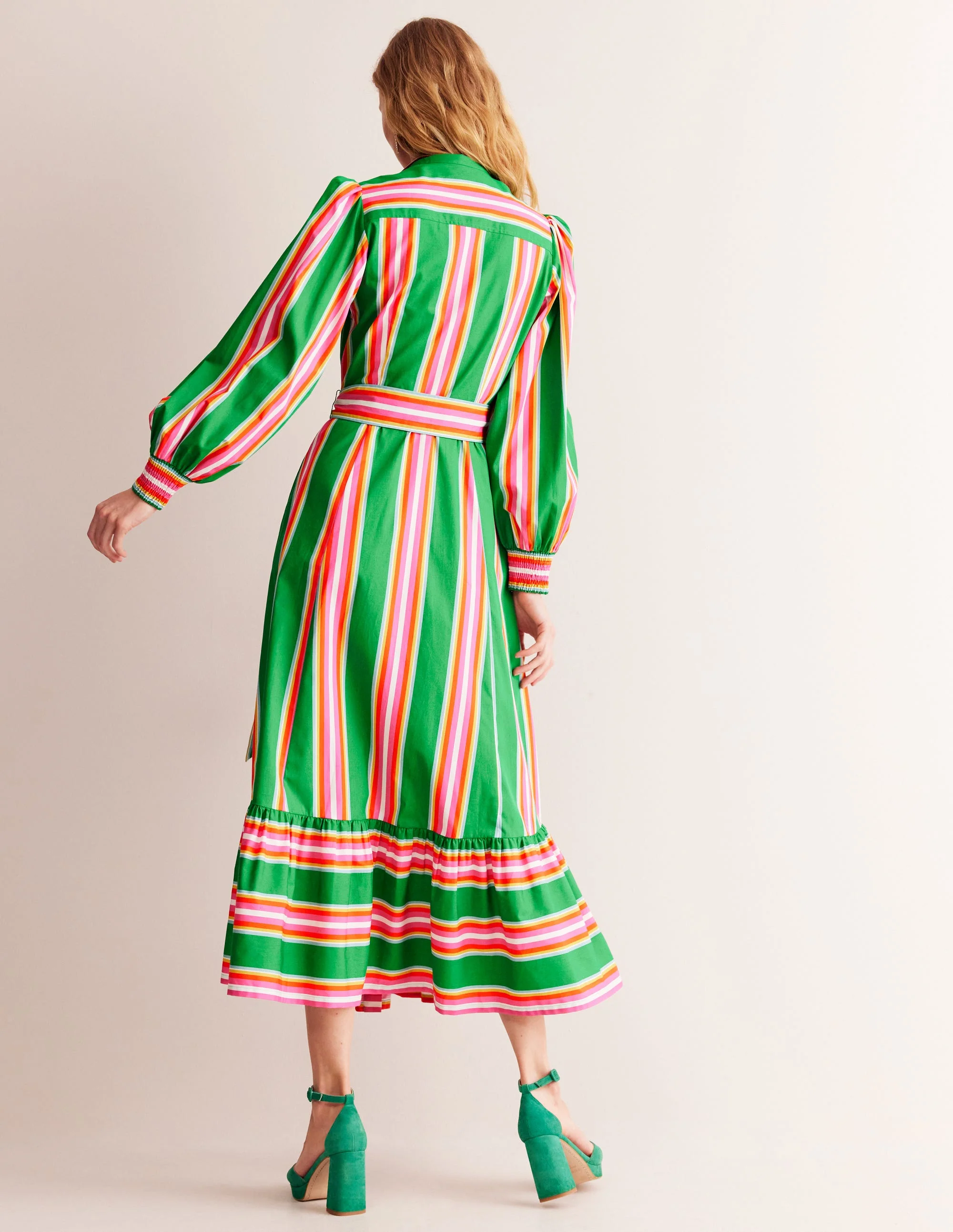 Cotton Midi Shirt Dress-Green Tambourine, Pink Stripe - Image 3