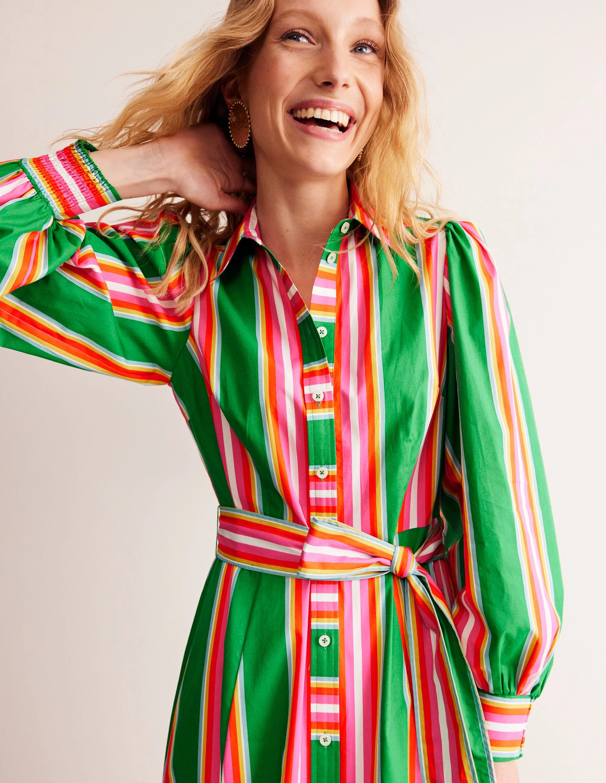 Cotton Midi Shirt Dress-Green Tambourine, Pink Stripe - Image 4