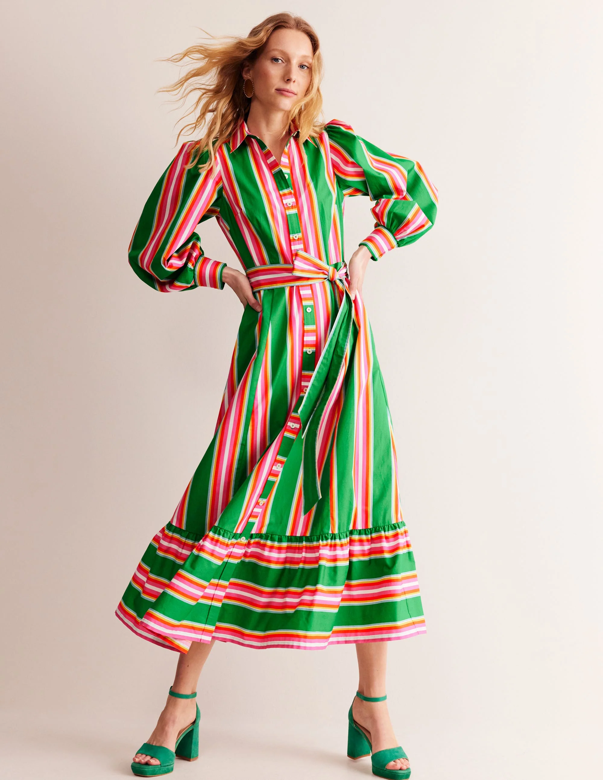 Cotton Midi Shirt Dress-Green Tambourine, Pink Stripe - Image 5