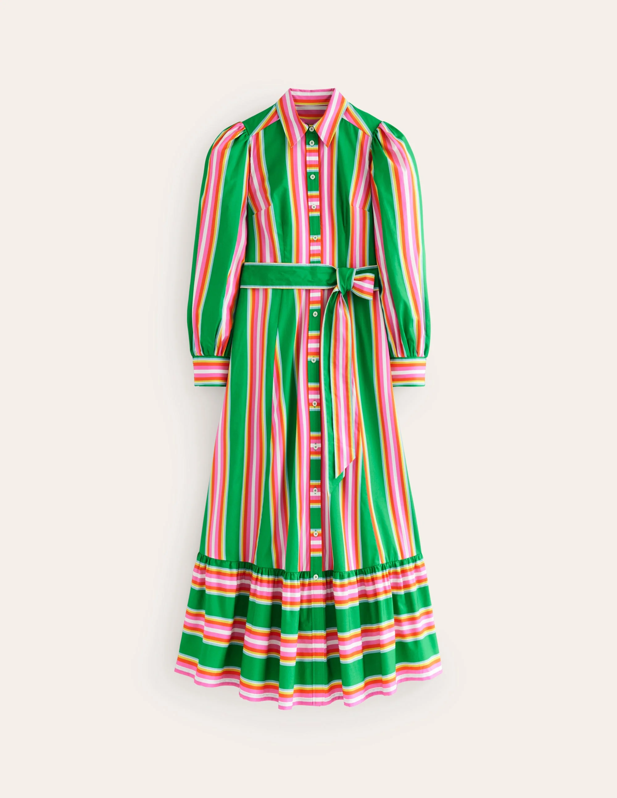 Cotton Midi Shirt Dress-Green Tambourine, Pink Stripe - Image 7