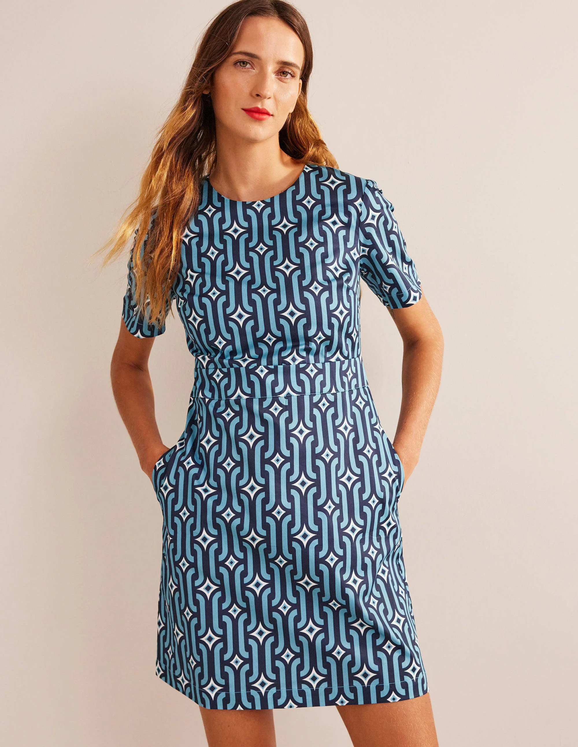 Cotton Mini Shift Dress-Delphinium Blue, Azure Geo - Image 4