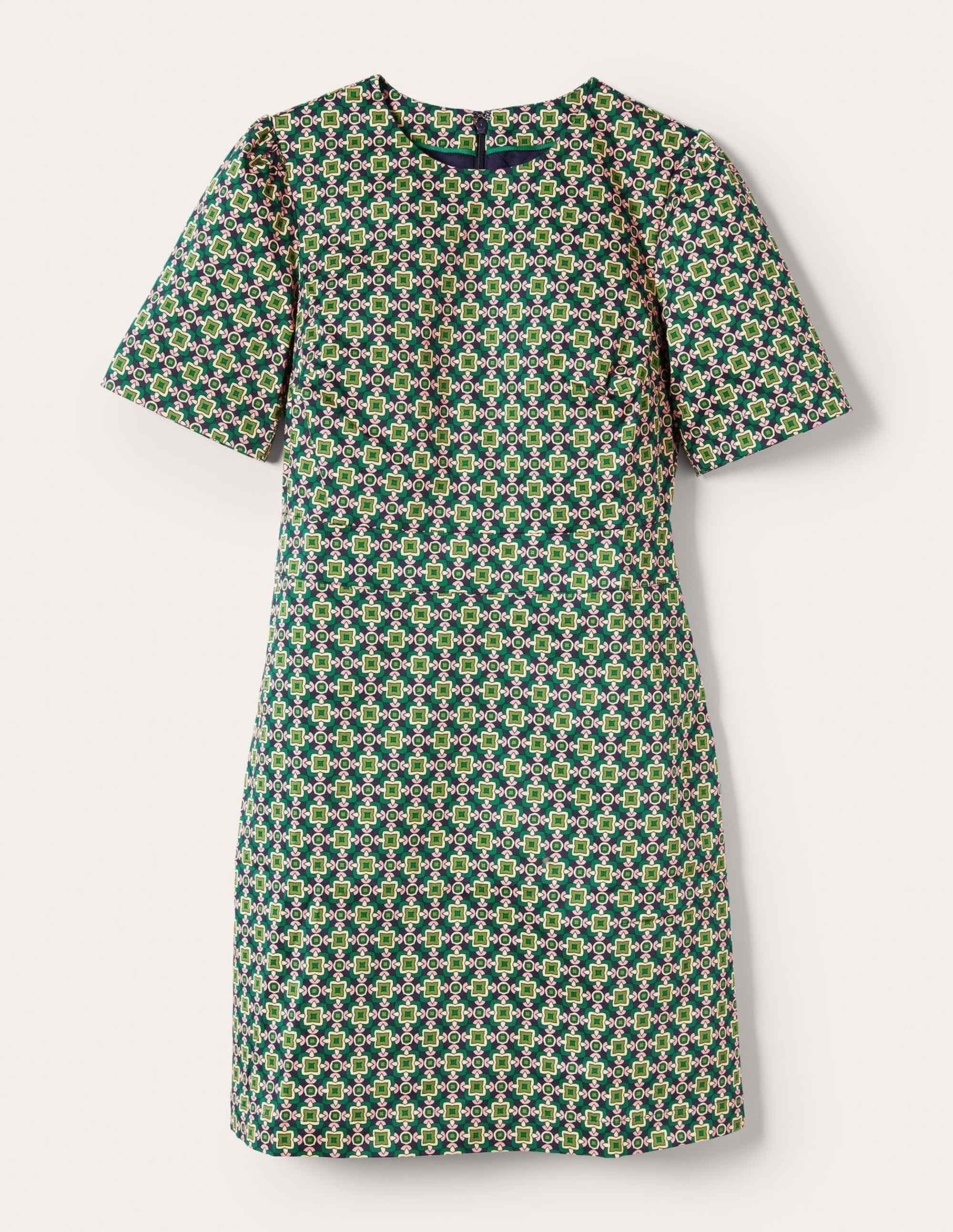 Cotton Mini Shift Dress-Shady Glade, Square Geo - Image 9