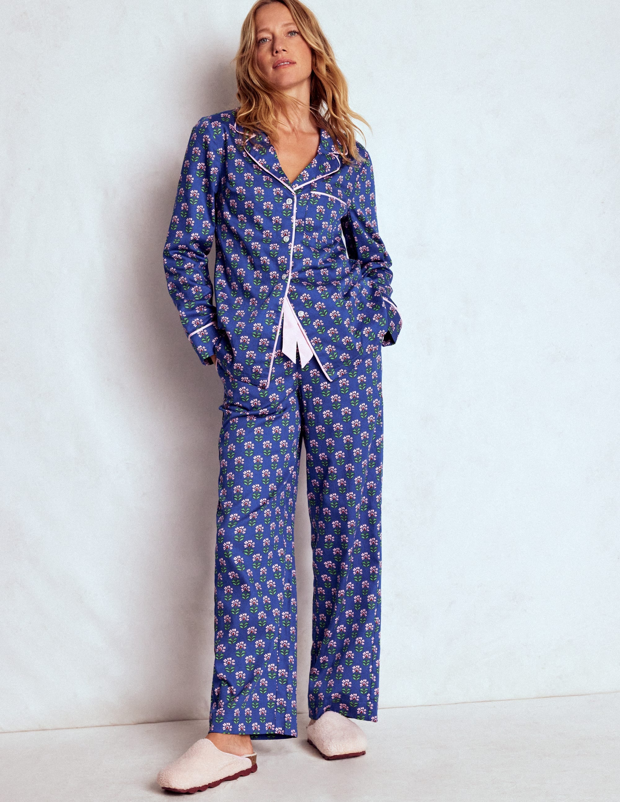 Cotton Pajama Pants-Bright Blue, Woodblock Flower - Image 4
