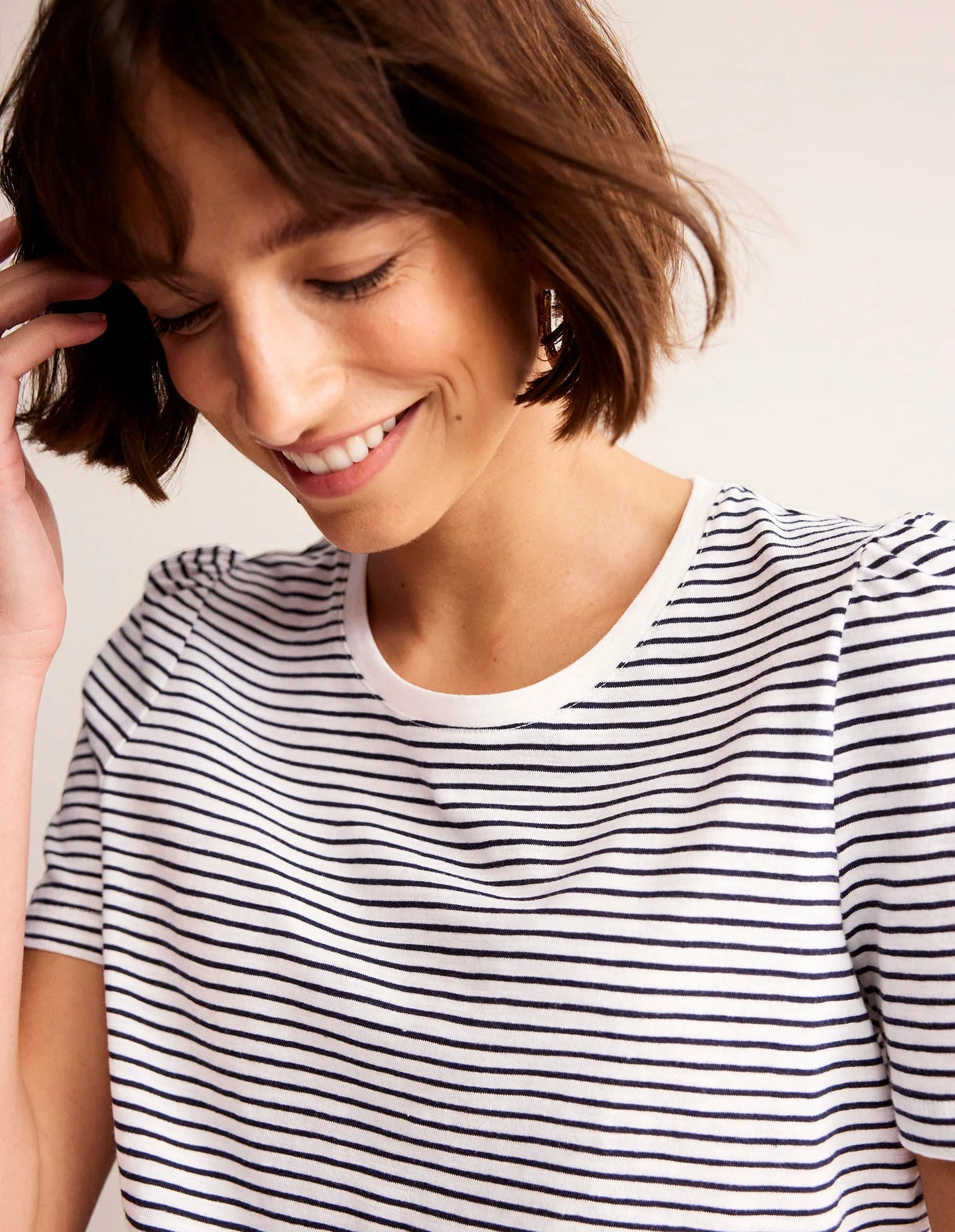 Cotton Puff Sleeve T-Shirt-Ivory, Navy Stripe - Image 2