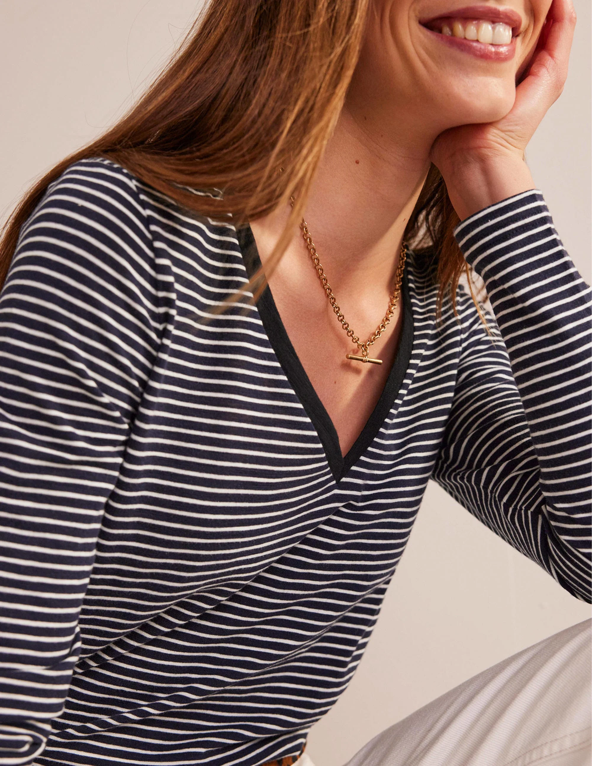 Cotton V-Neck Long Sleeve Top-Navy, Ivory - Image 2