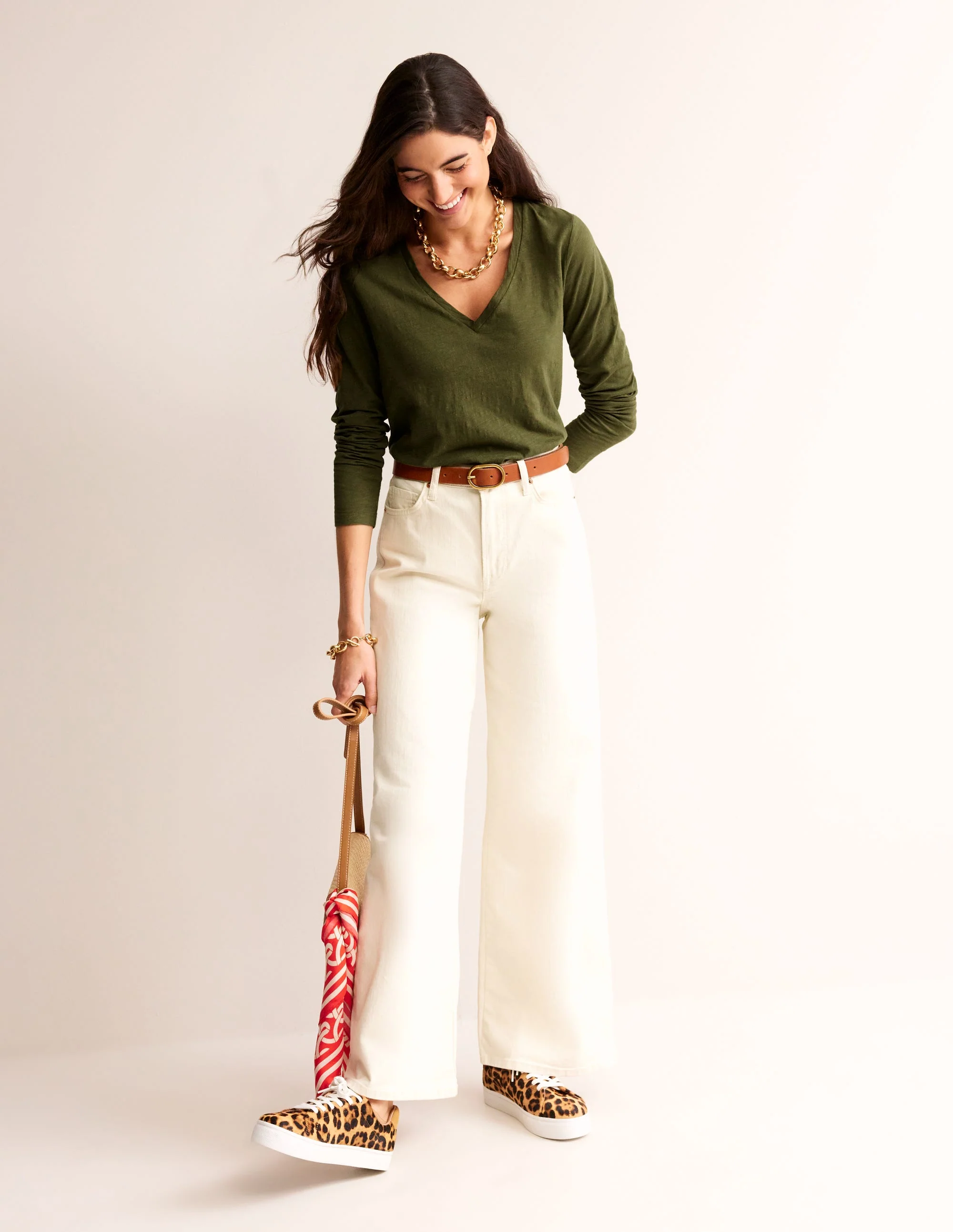 Cotton V-Neck Long Sleeve Top-Oregano - Image 4