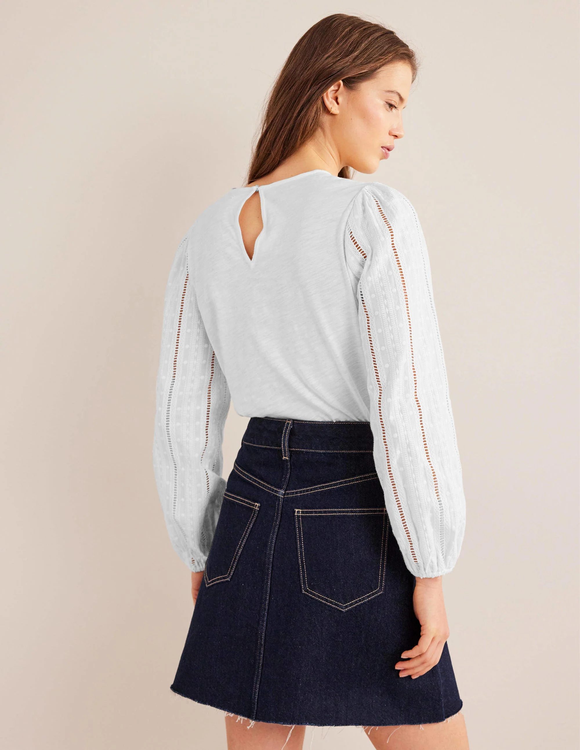Crew Neck Broderie Sleeve Top-White - Image 3