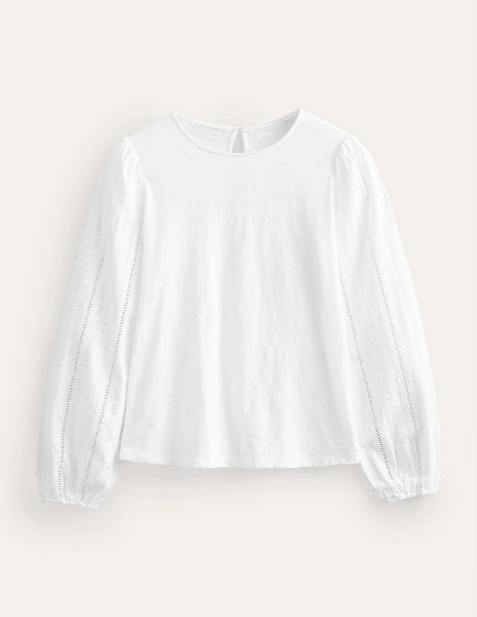 Crew Neck Broderie Sleeve Top-White - Image 5