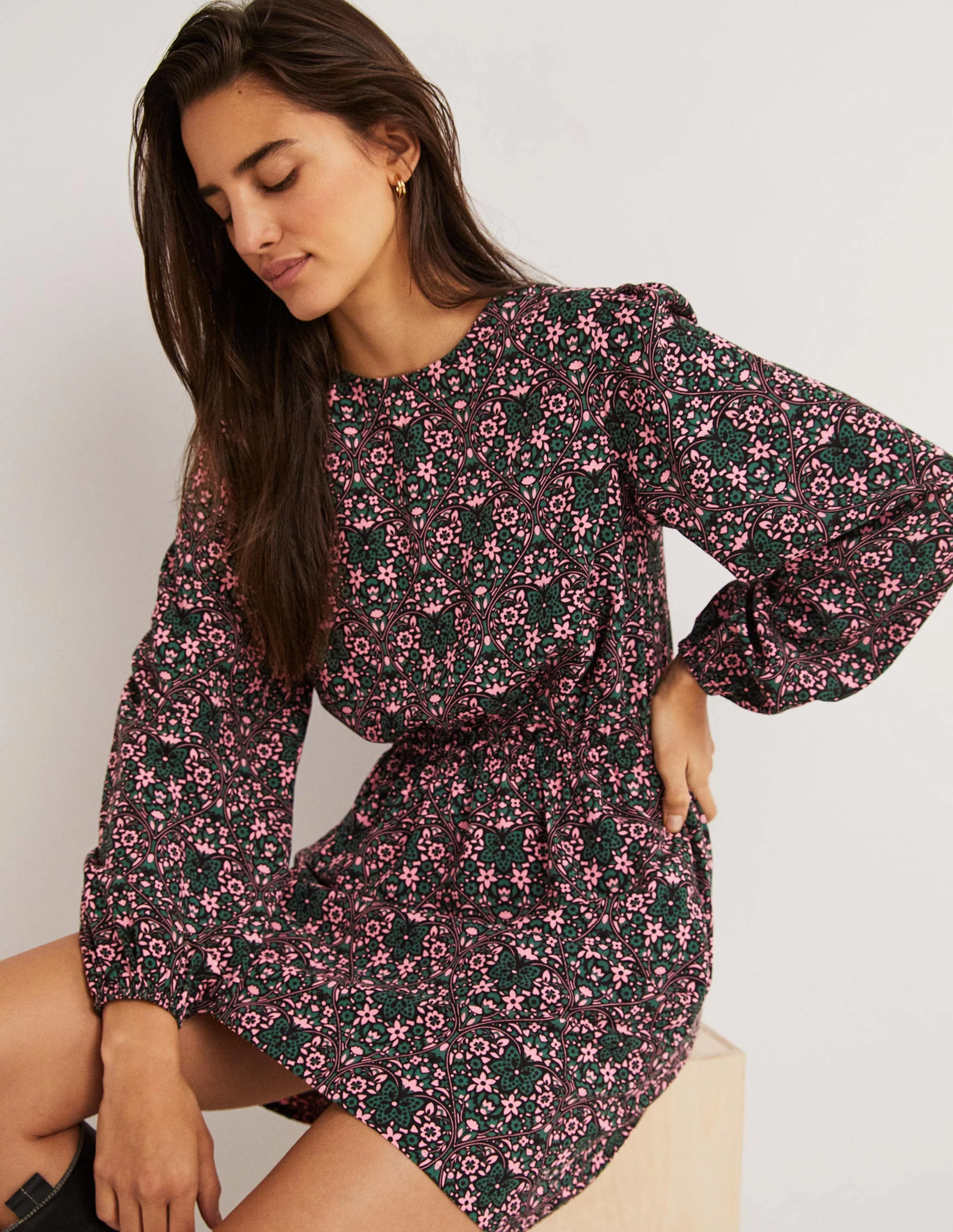 Crew Neck Dress-Trekking Green, Heart Bloom - Image 4