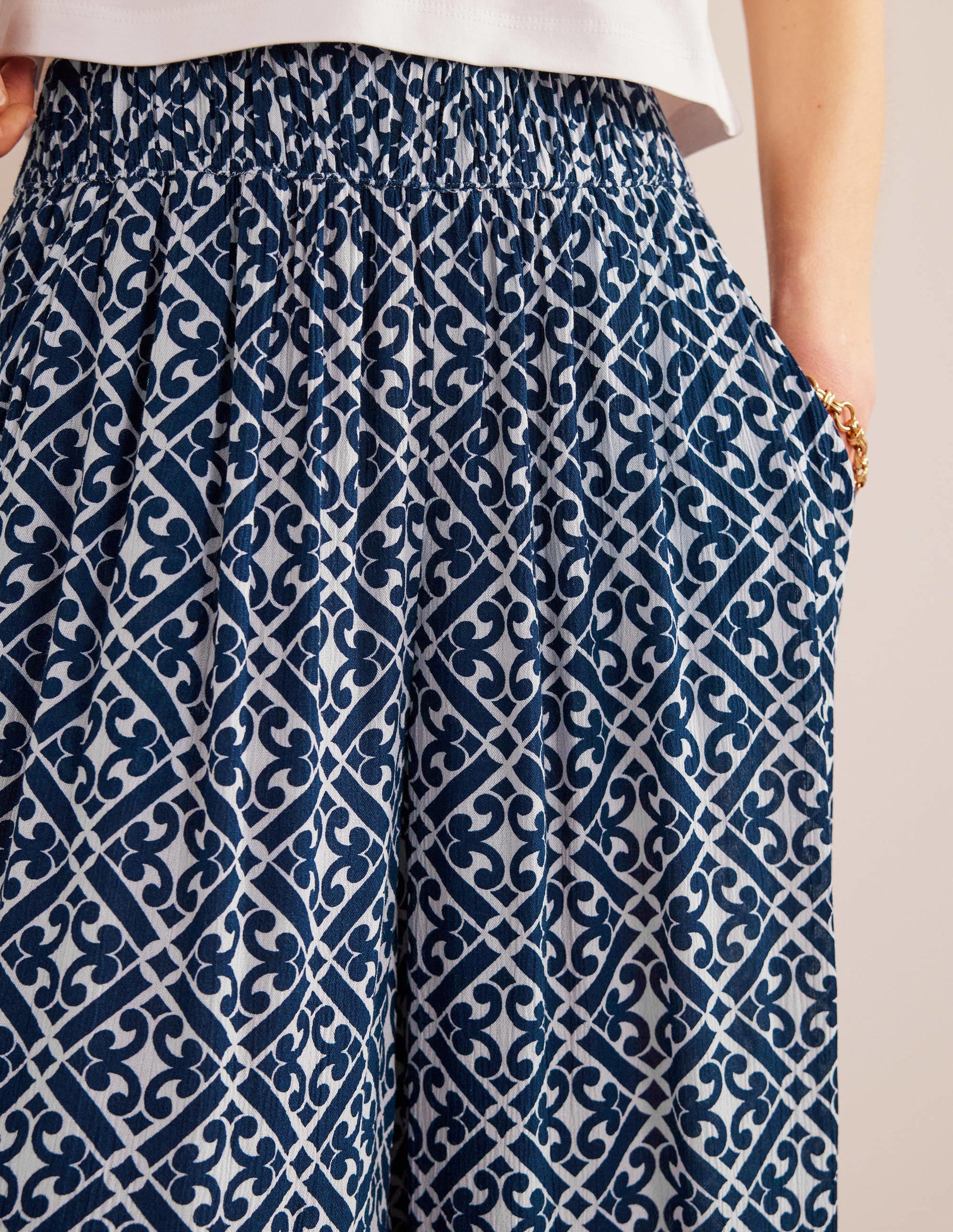 Crinkle Wide Leg Trousers-Prussian Blue, Tranquil Geo - Image 2
