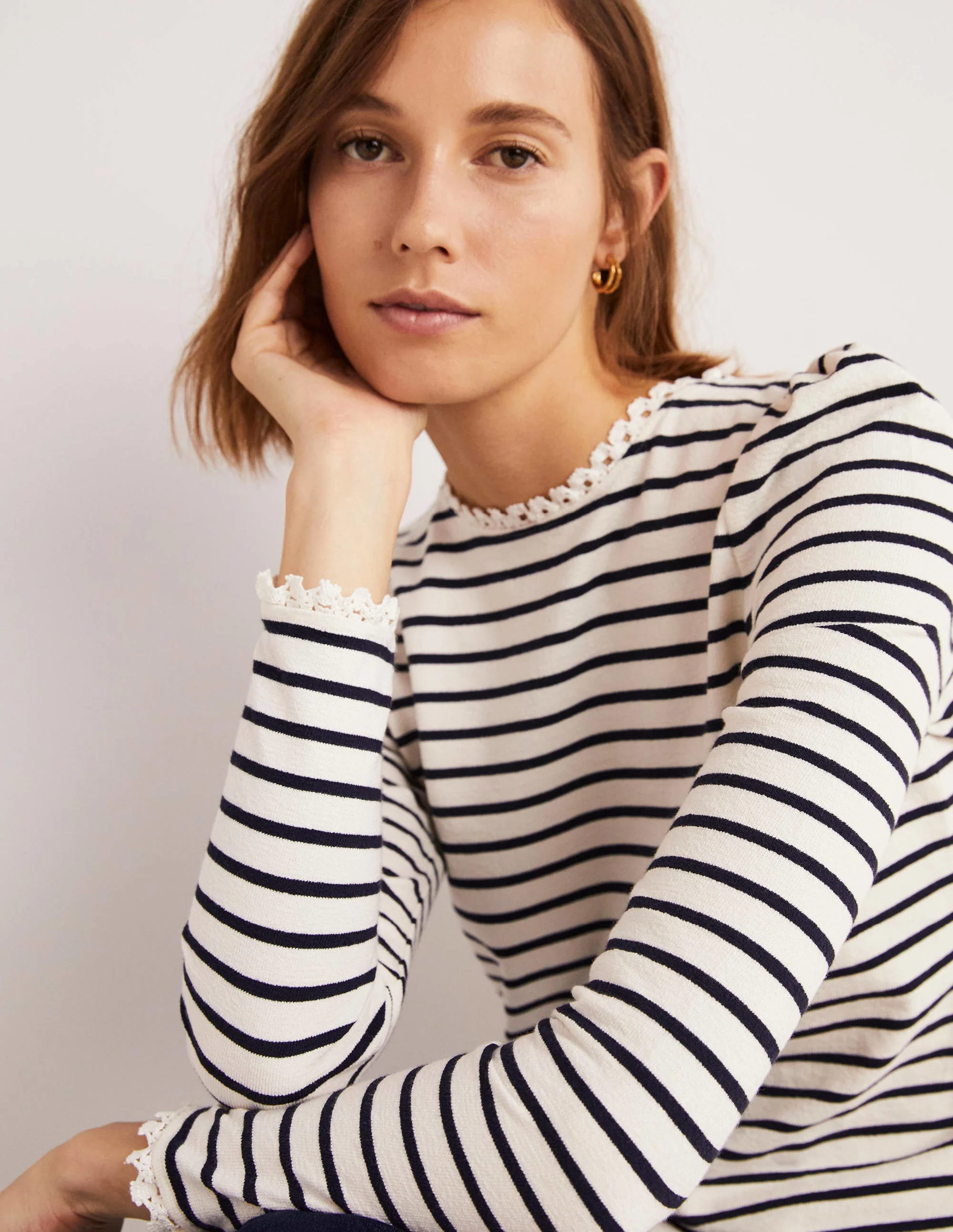 Crochet Trim Crew Neck Top-Ivory, Navy Stripe - Image 2