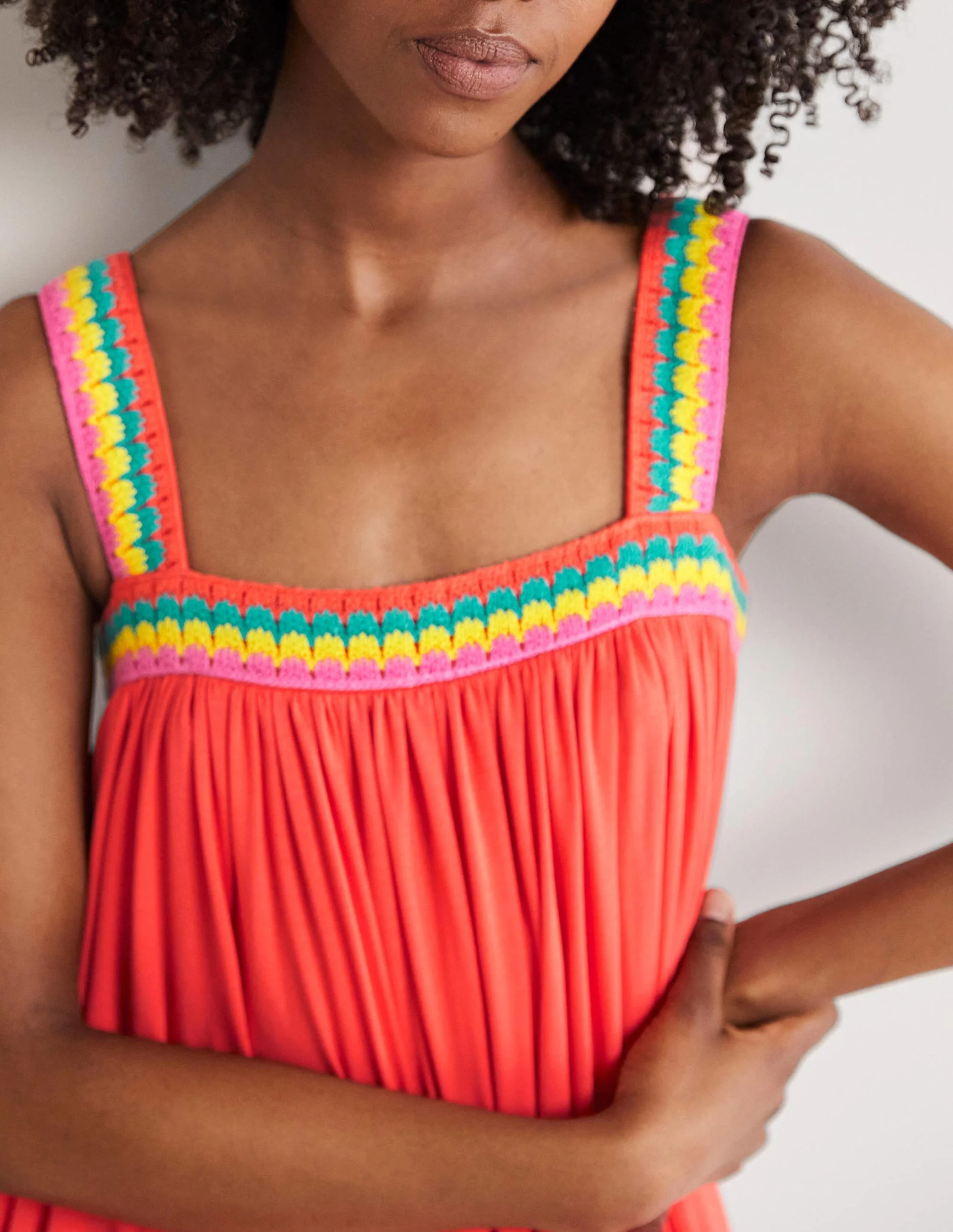 Crochet Trim Jersey Maxi Dress-Hot Coral - Image 2