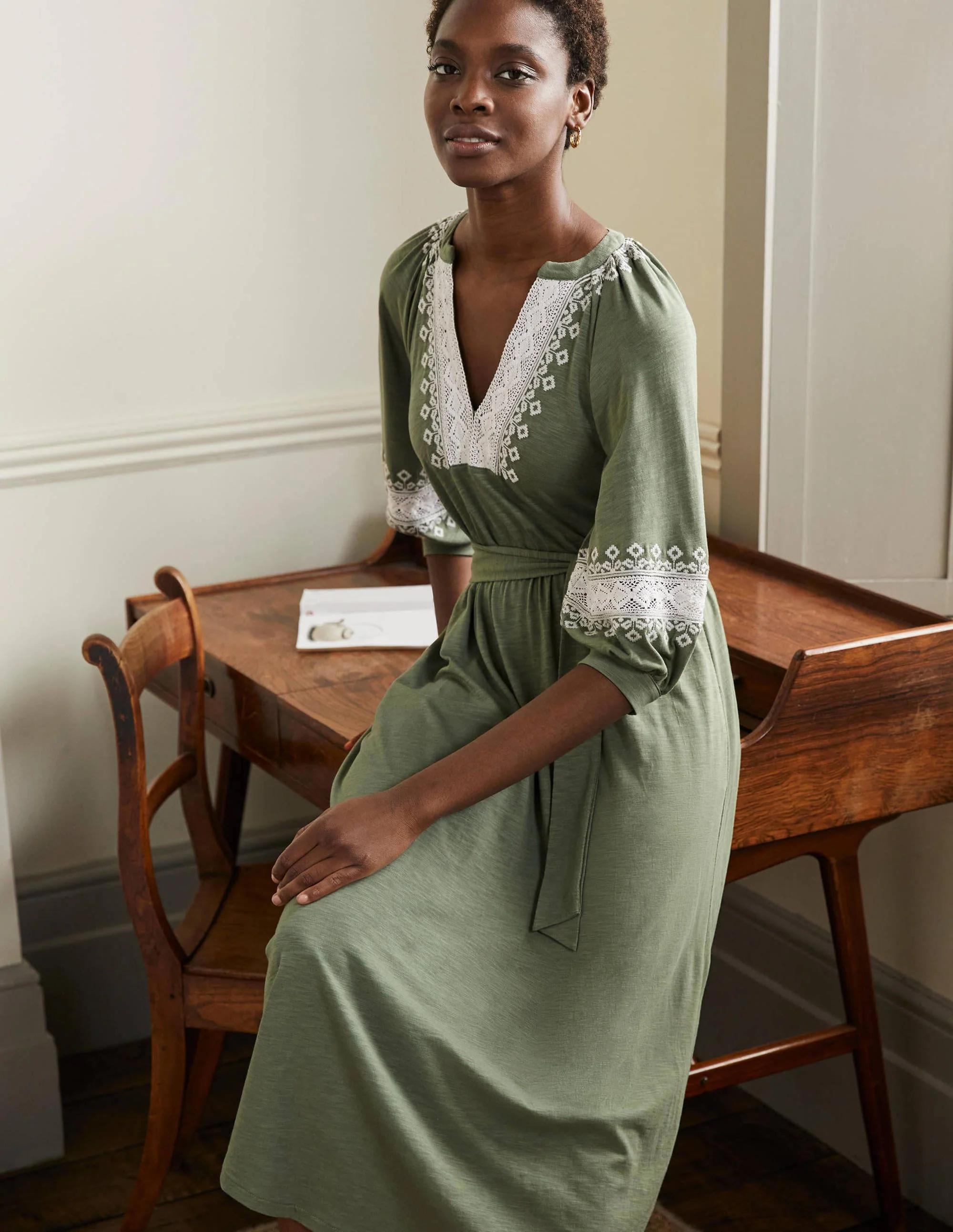 Crochet Trim Jersey Midi Dress-Alder - Image 4