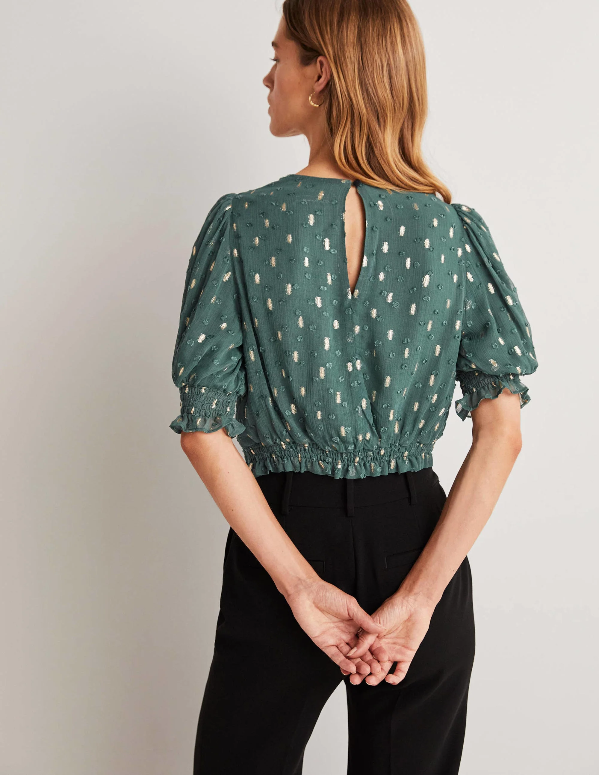 Cropped Metallic Smocked Top-Deep Forest and Gold Clip - Image 3