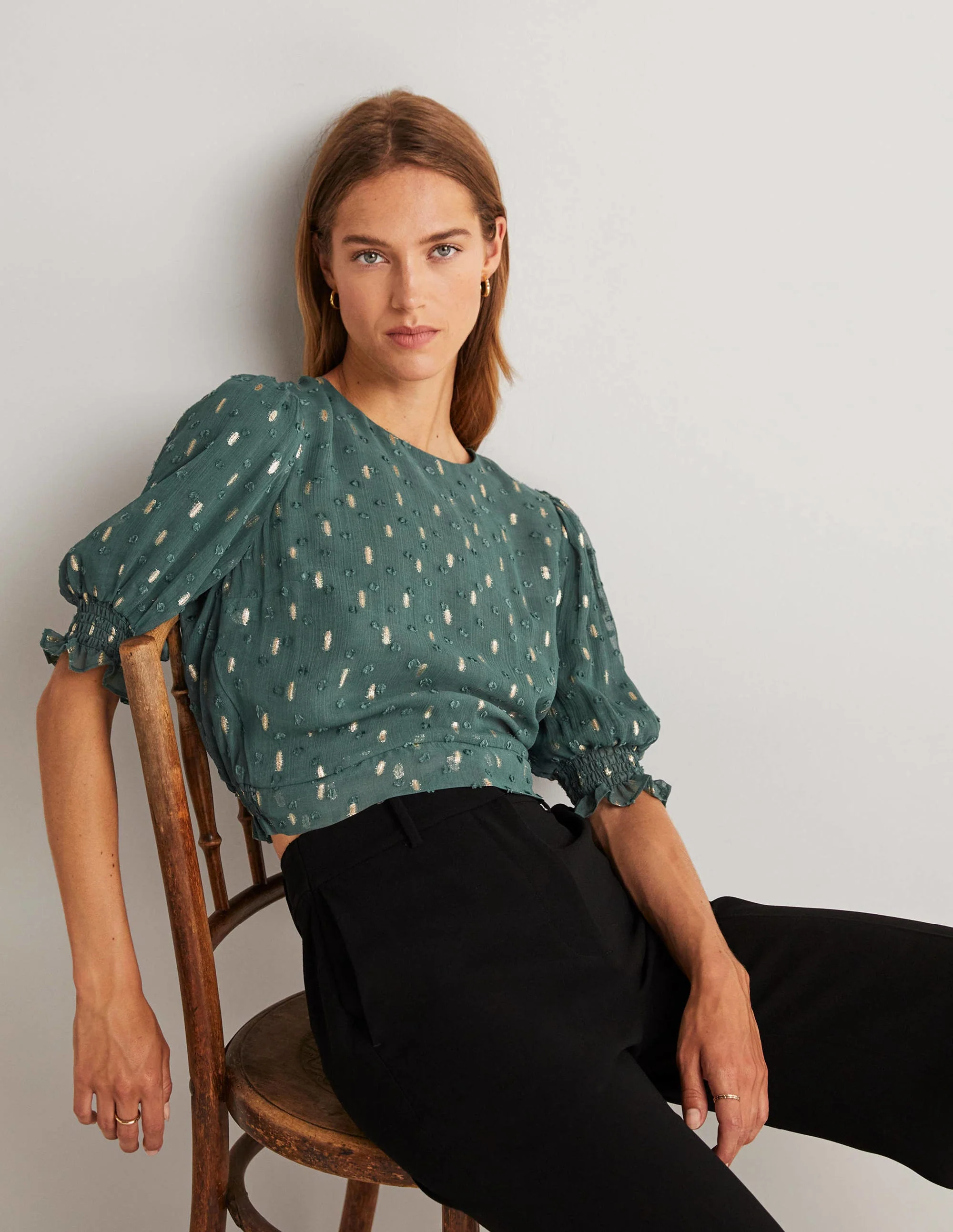Cropped Metallic Smocked Top-Deep Forest and Gold Clip - Image 4