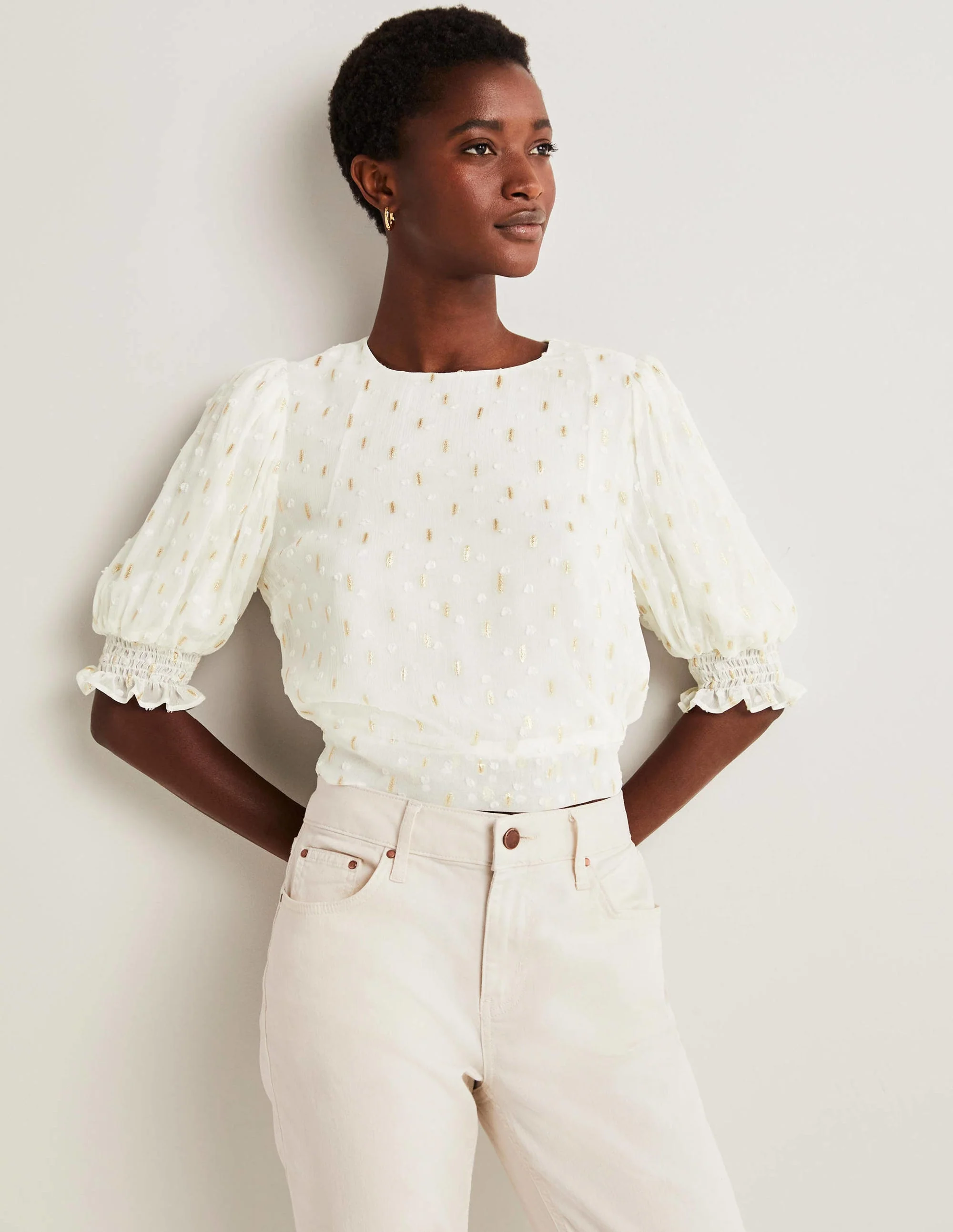 Cropped Metallic Smocked Top-Ivory and Gold Clip - Image 2