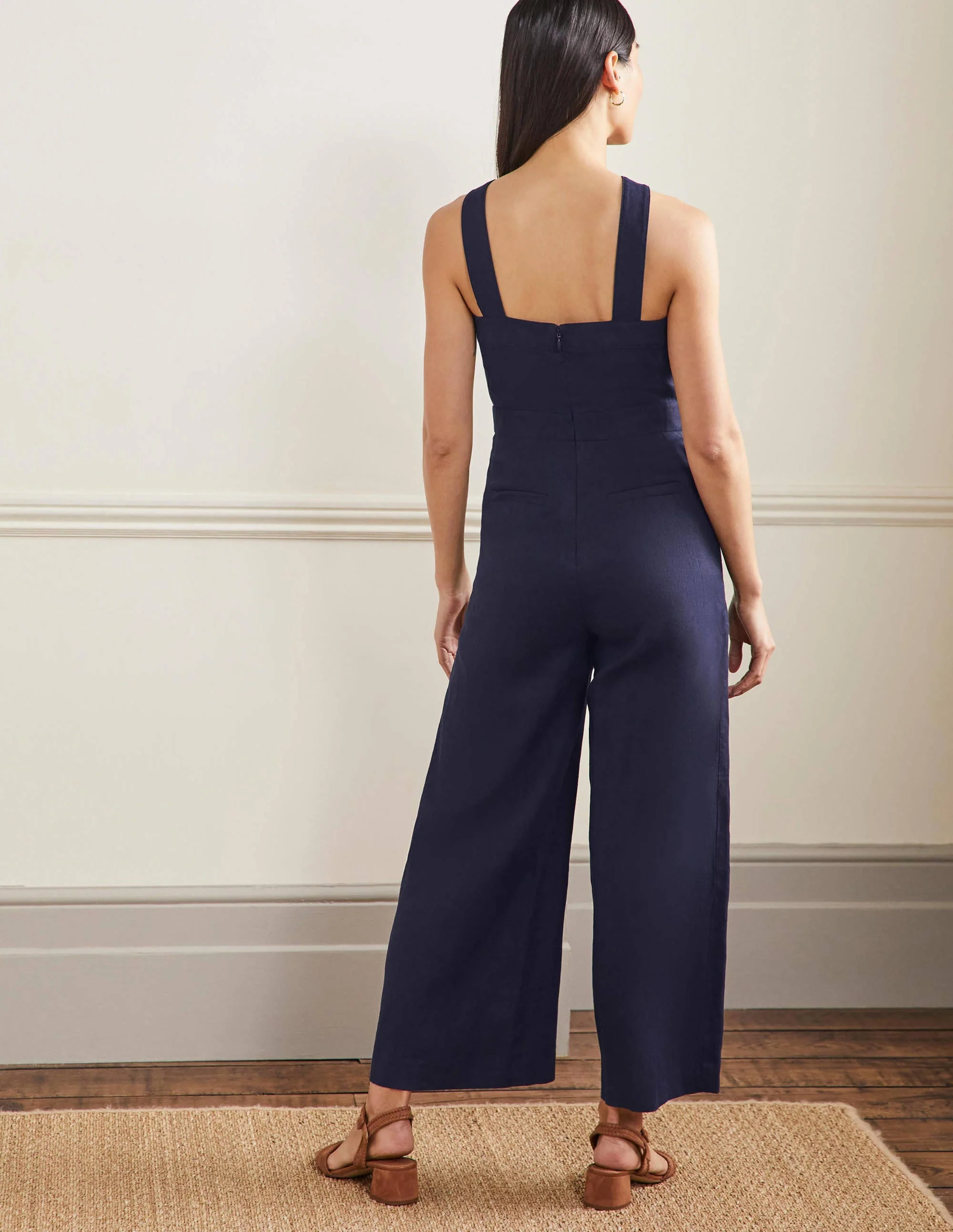Cross Over Linen Jumpsuit-Navy - Image 3