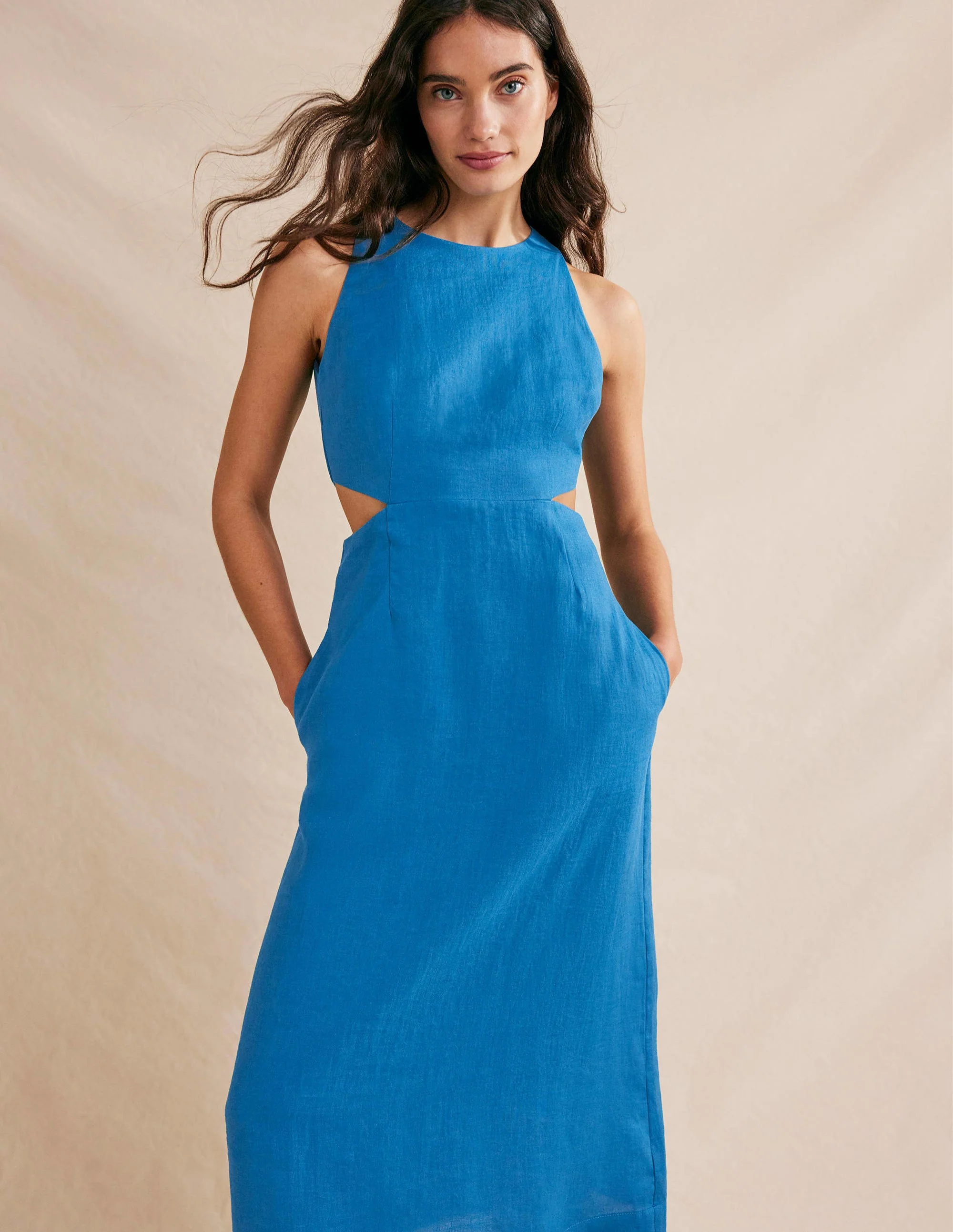 Cut Out Linen Midi Dress-Crystal Teal - Image 5