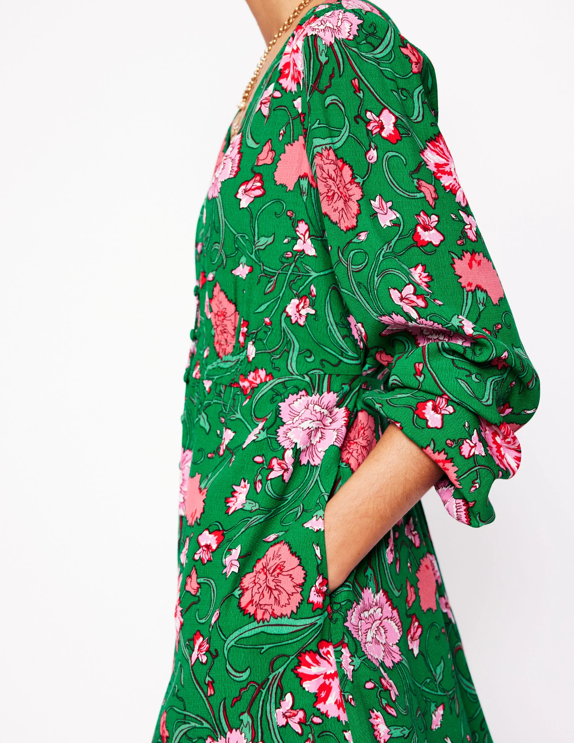 Cynthia Button Tea Dress-Rich Emerald, Carnation Vine - Image 2