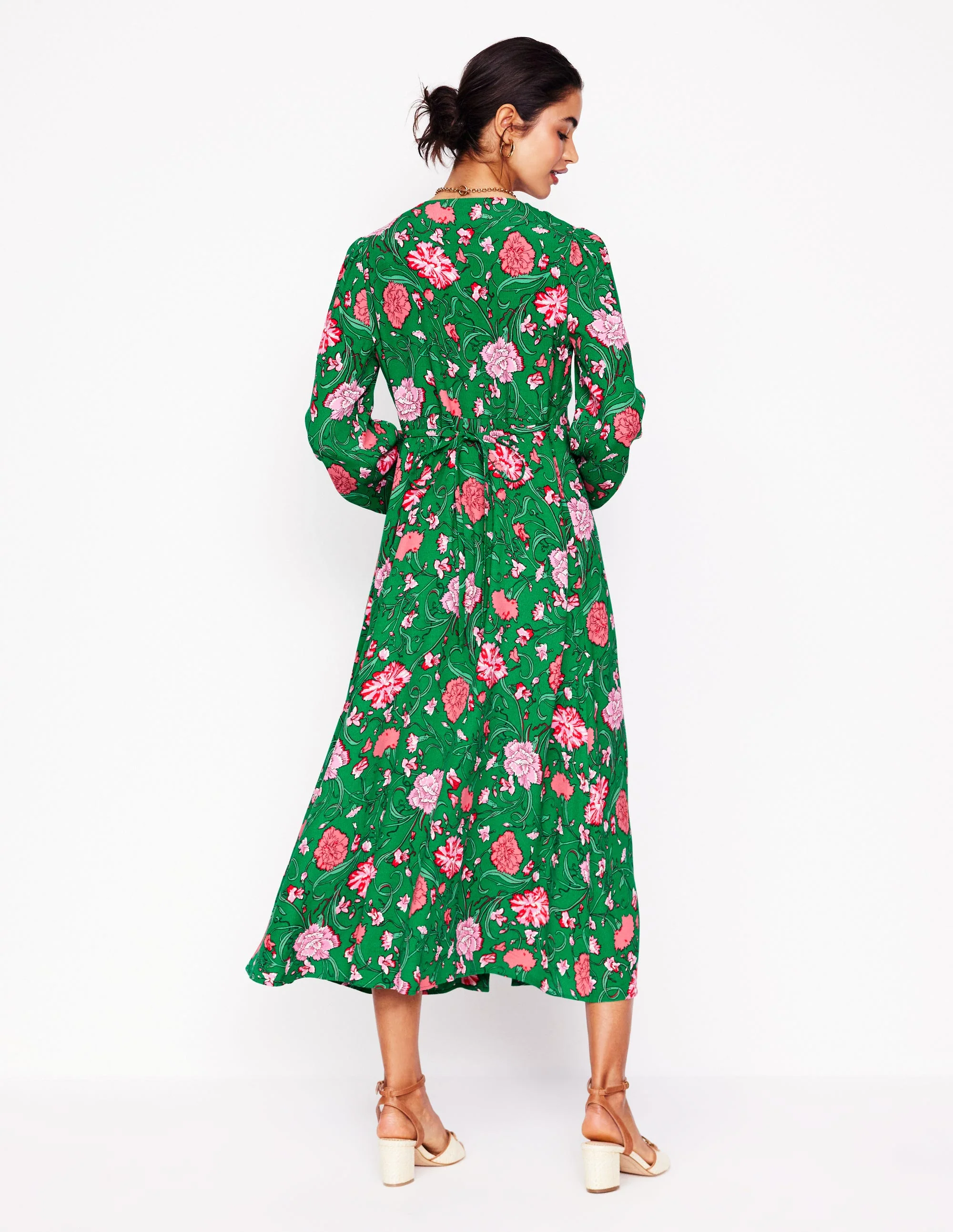 Cynthia Button Tea Dress-Rich Emerald, Carnation Vine - Image 3