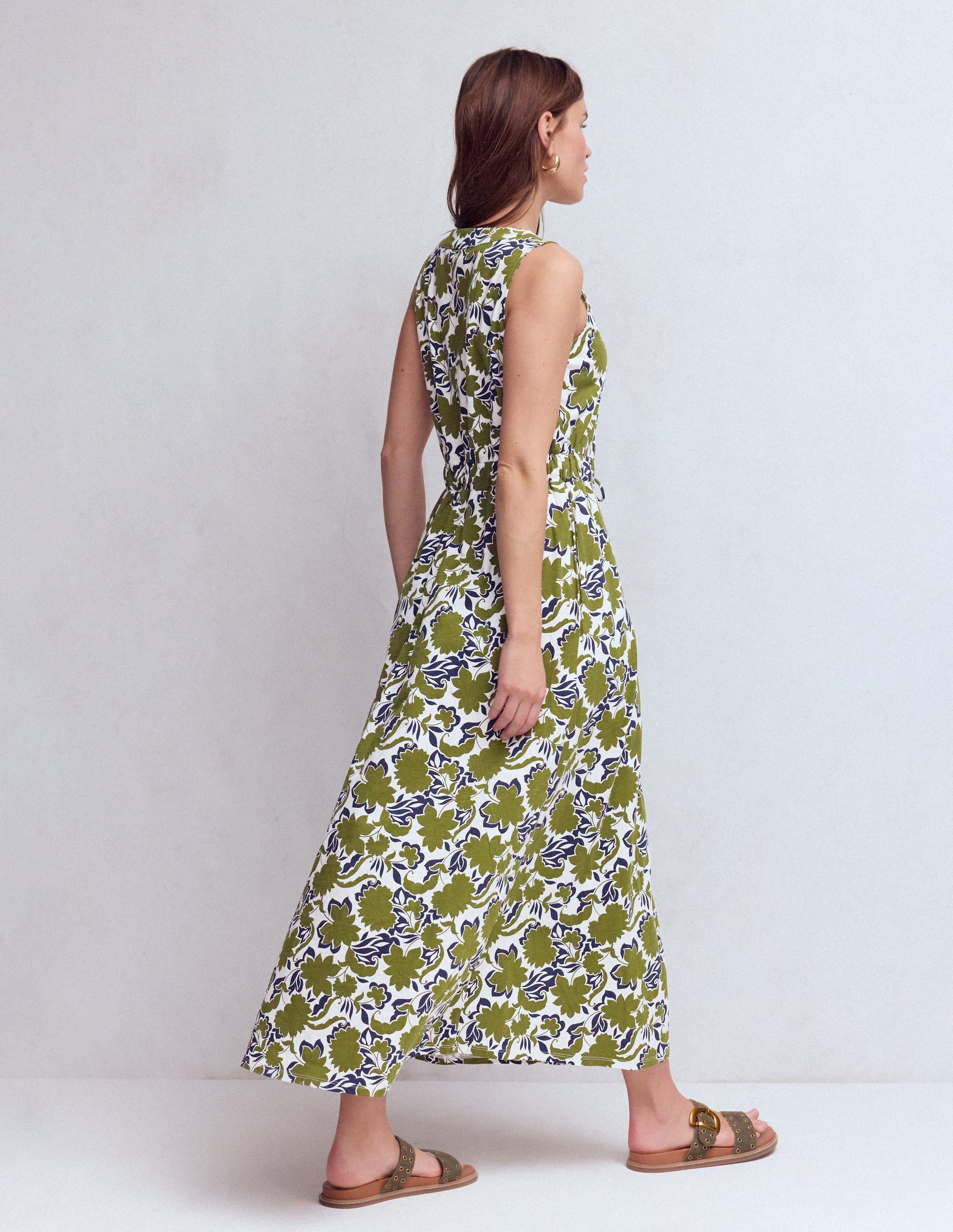 Delphine Midi Sleeveless Dress-Olive, Shadow Blossom - Image 3