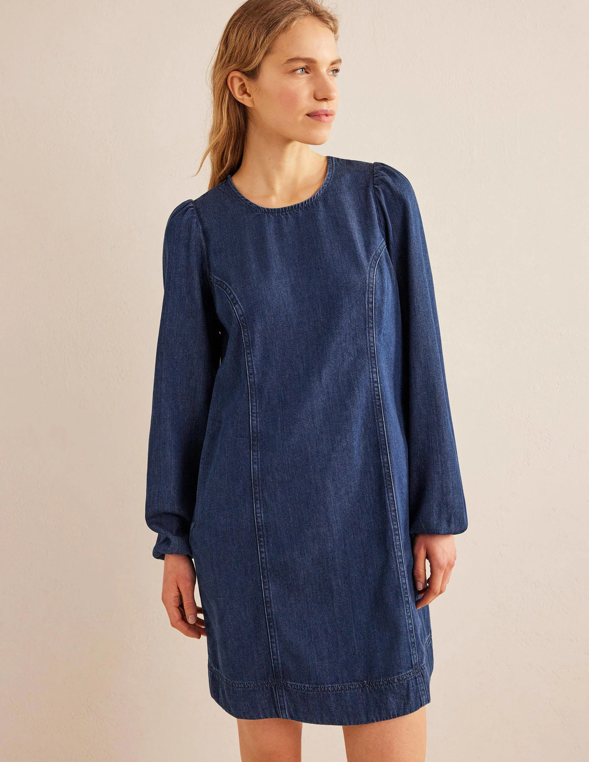 Denim Blouson Shift Dress-Mid Denim