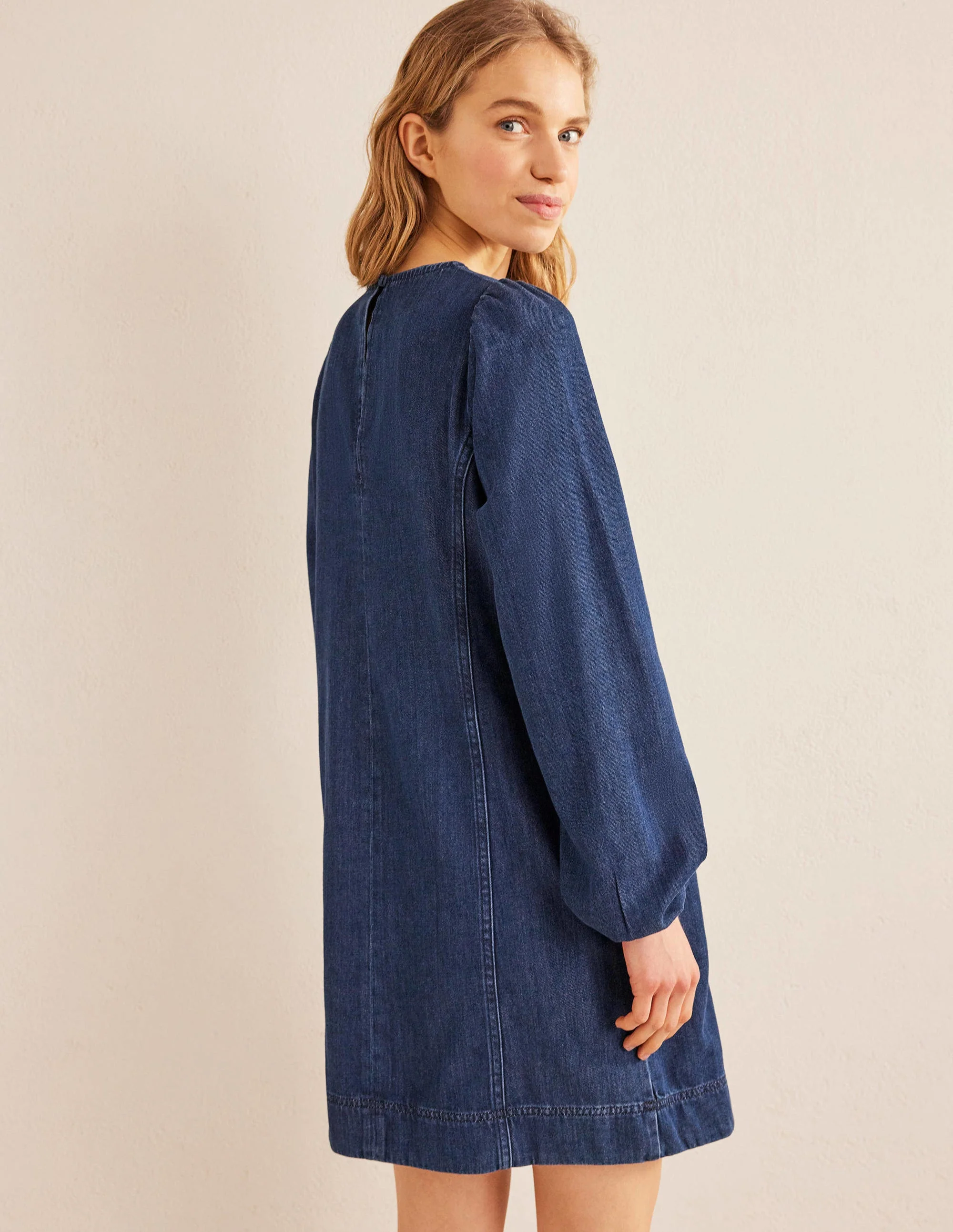 Denim Blouson Shift Dress-Mid Denim - Image 3