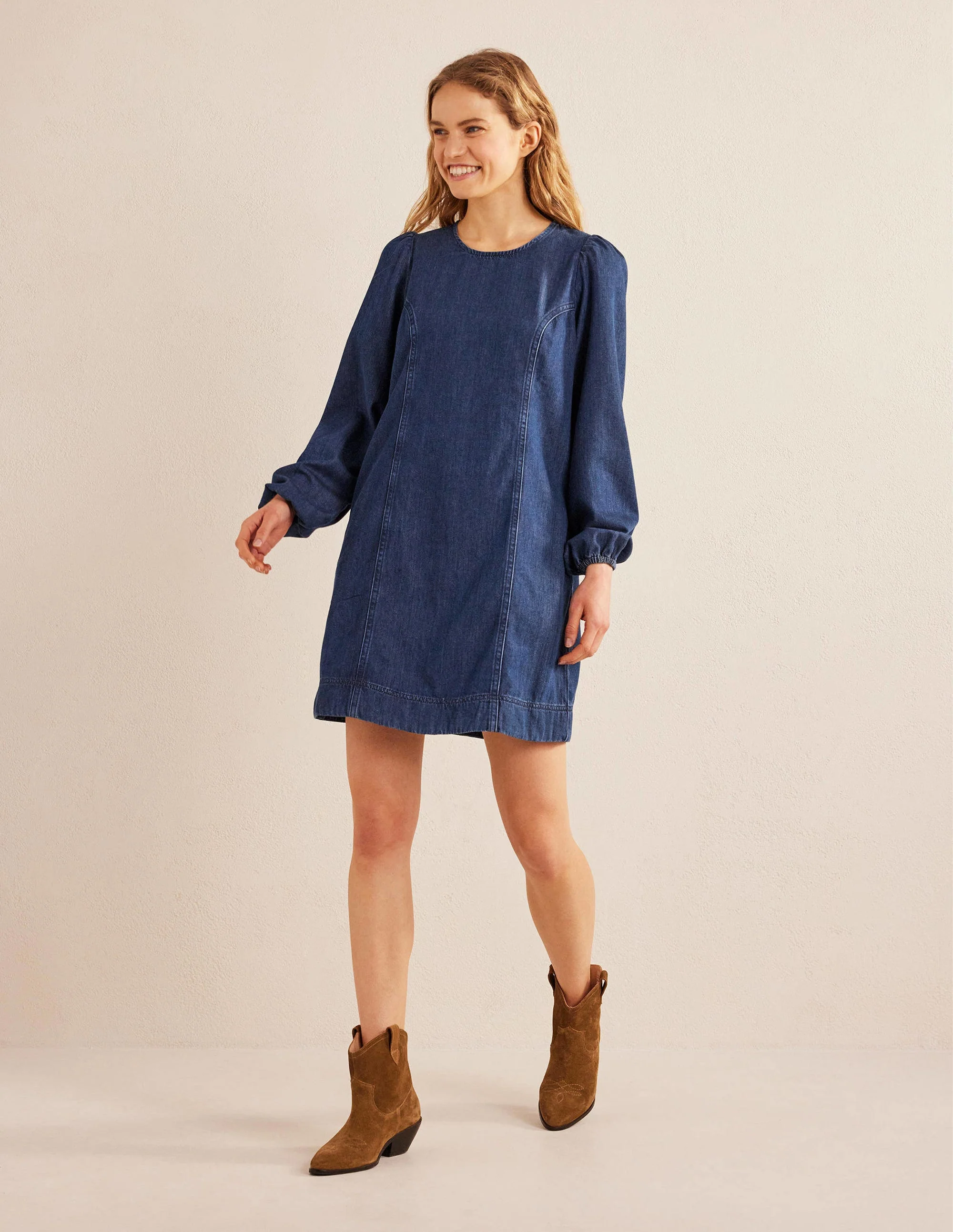Denim Blouson Shift Dress-Mid Denim - Image 4