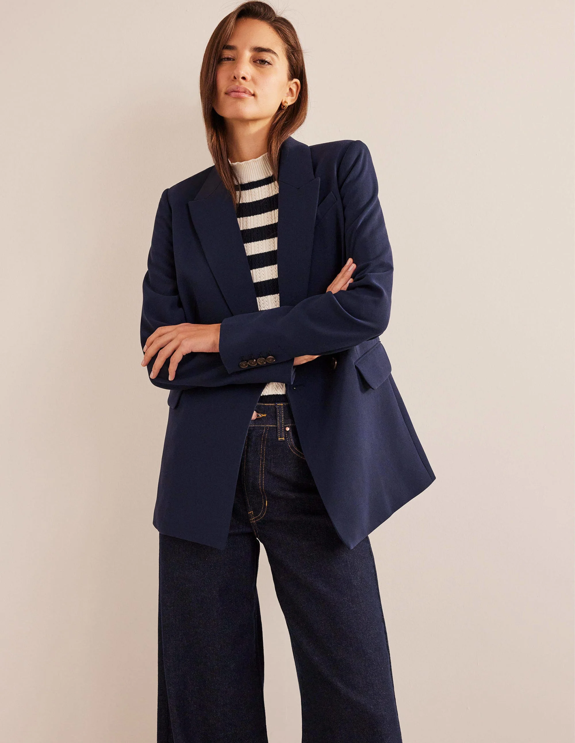 Double Breasted Crepe Blazer-Navy - Image 2