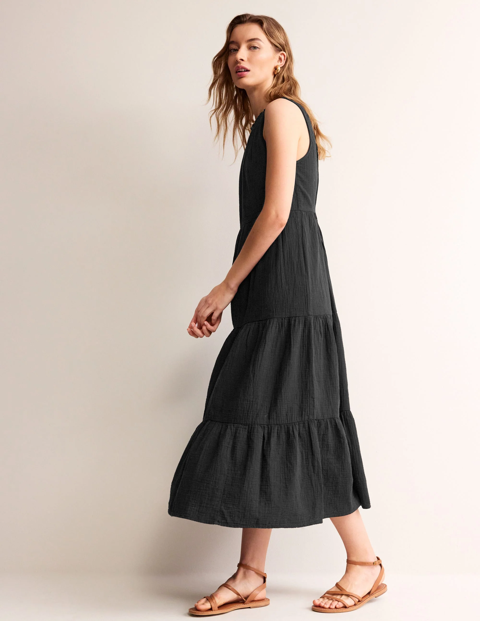 Double Cloth Maxi Tiered Dress-Black - Image 4