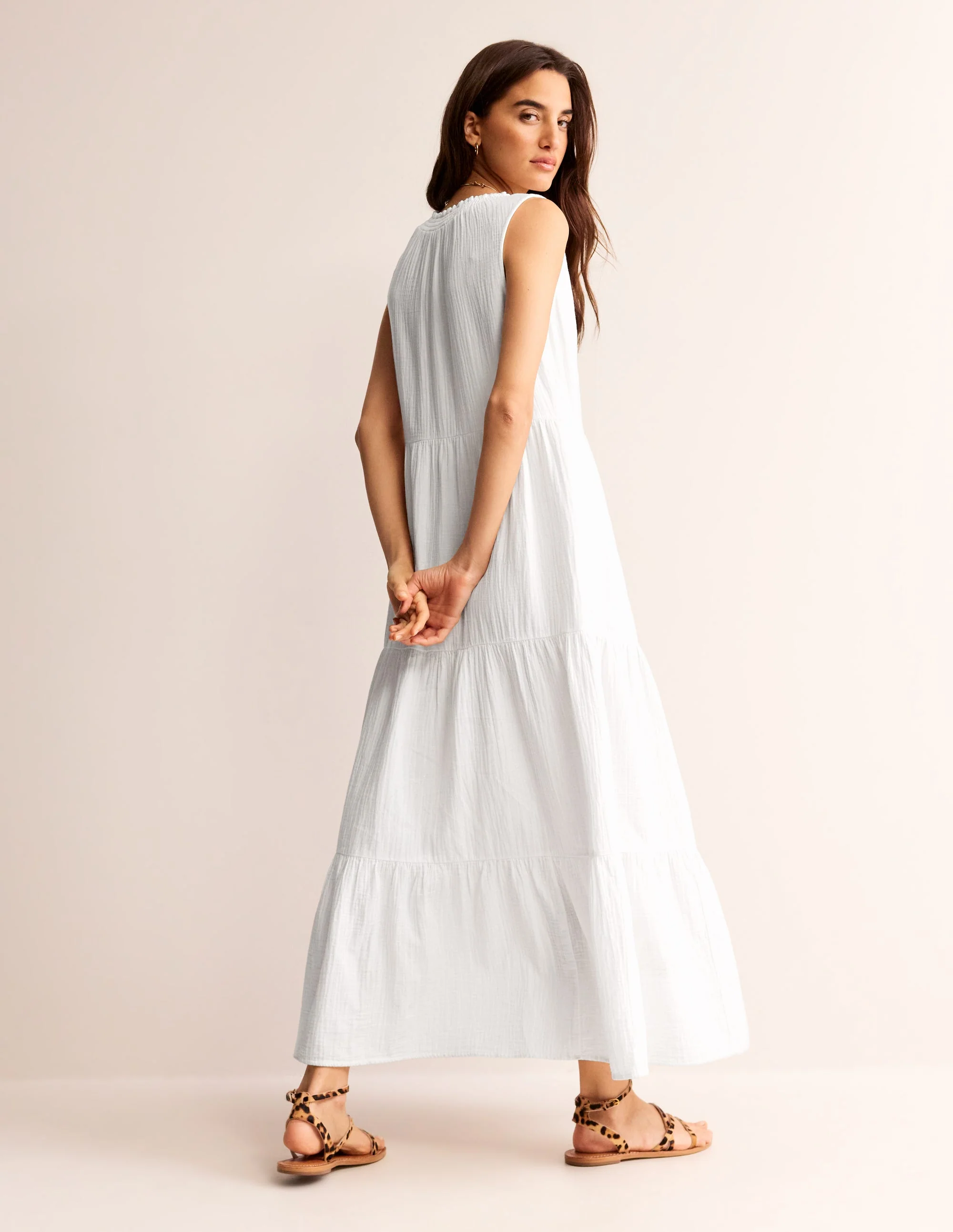 Double Cloth Maxi Tiered Dress-White - Image 4