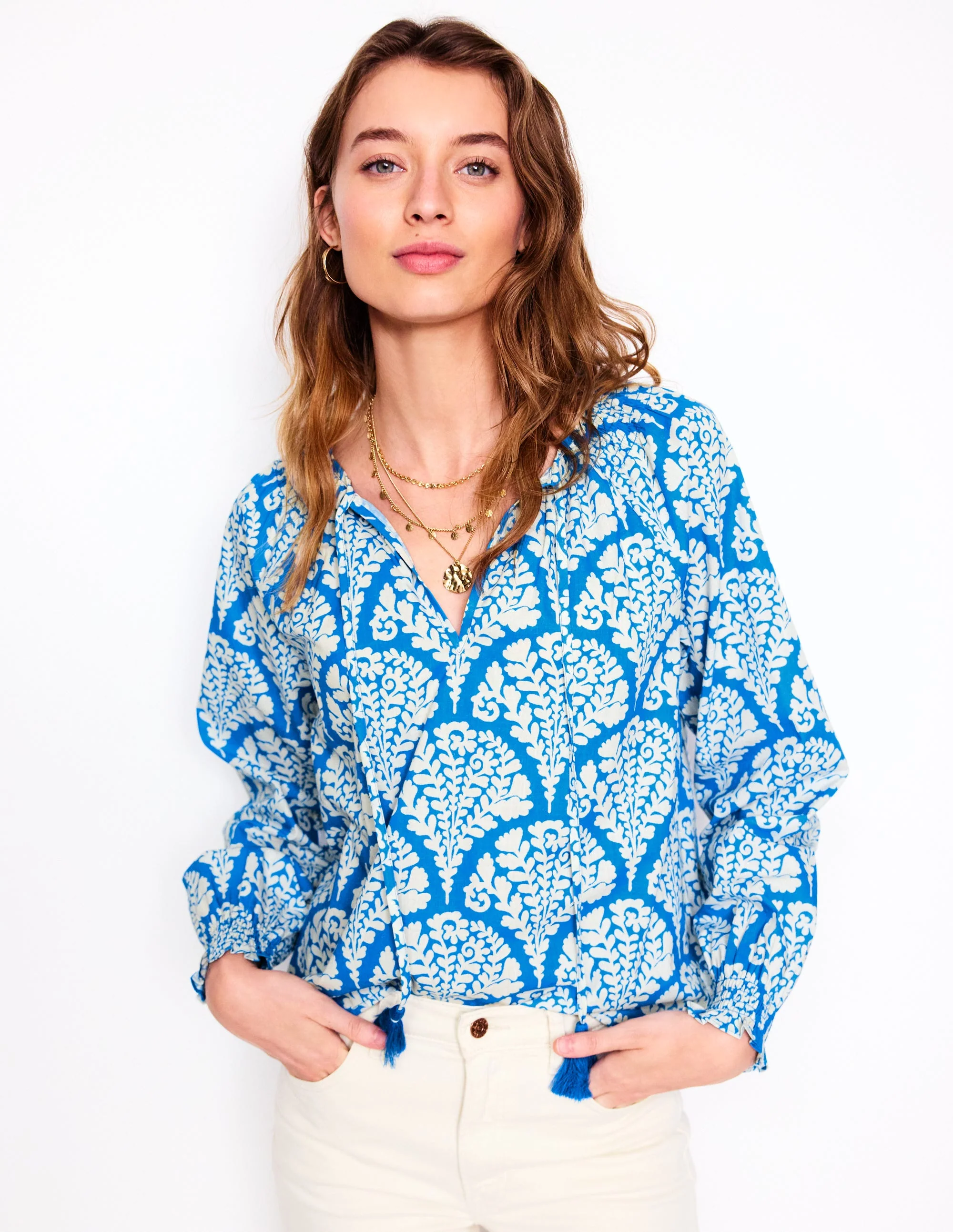Easy Cotton Blouse-Cerulean Blue, Blossomy - Image 4