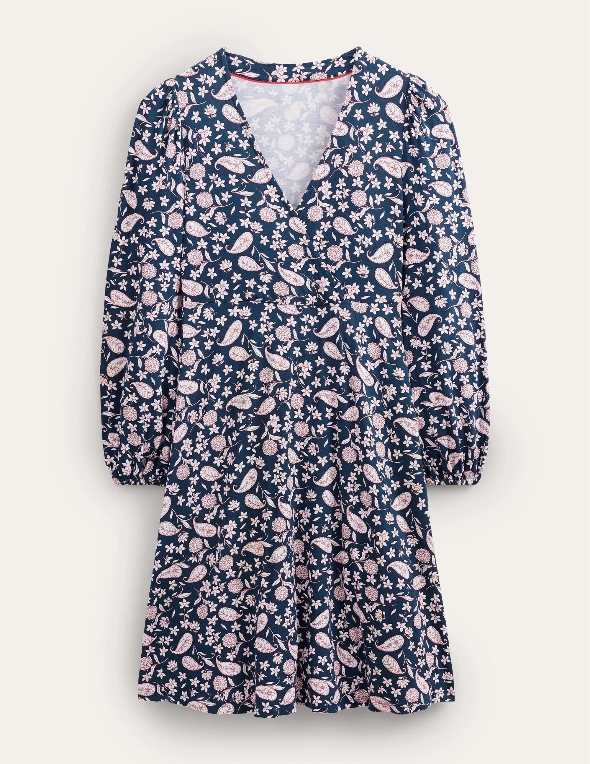 Easy Fixed Wrap Jersey Dress-French Navy, Flower Garden - Image 5