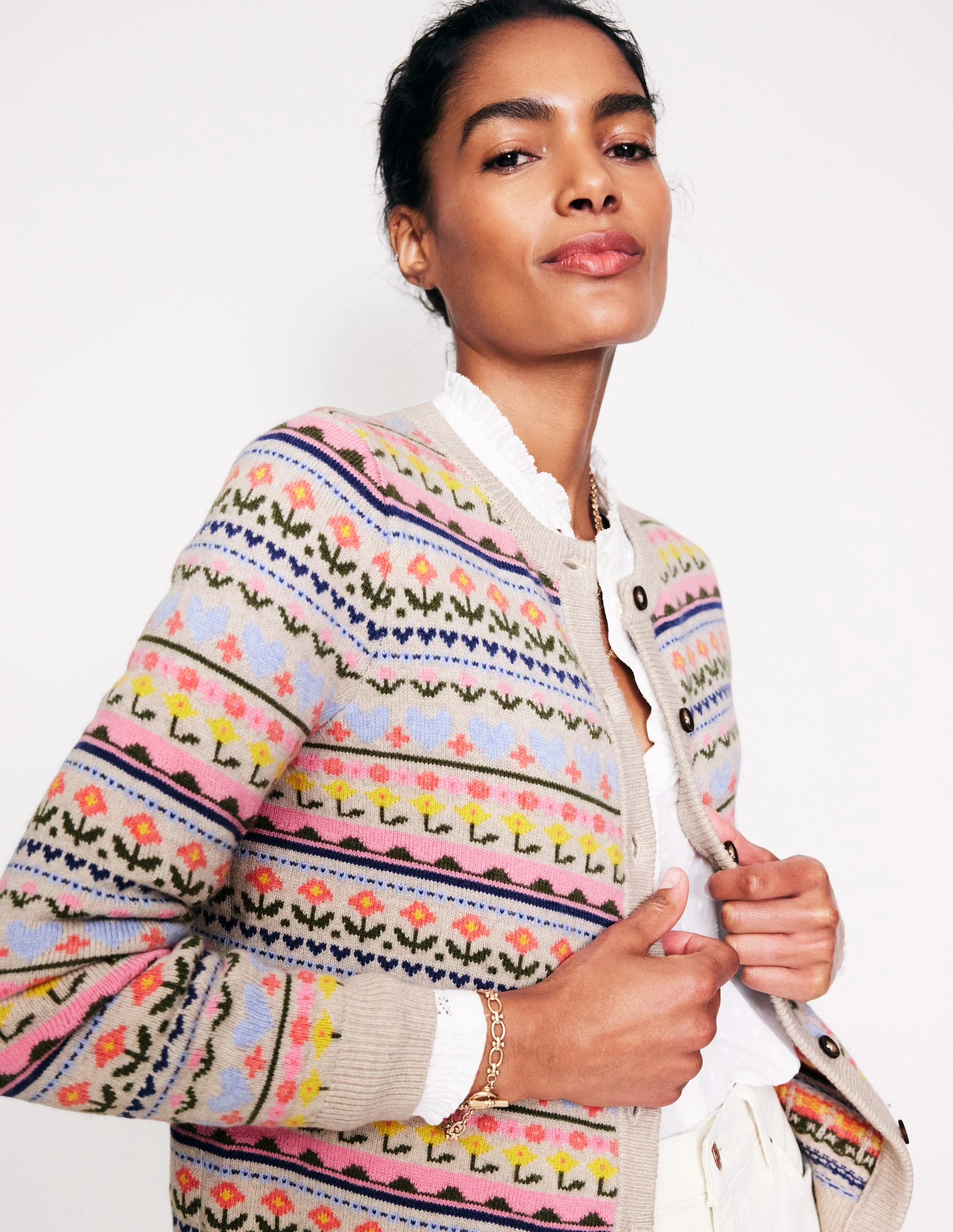 Edie Fair Isle Cardigan-Oatmeal Melange, Heart Flower - Image 2