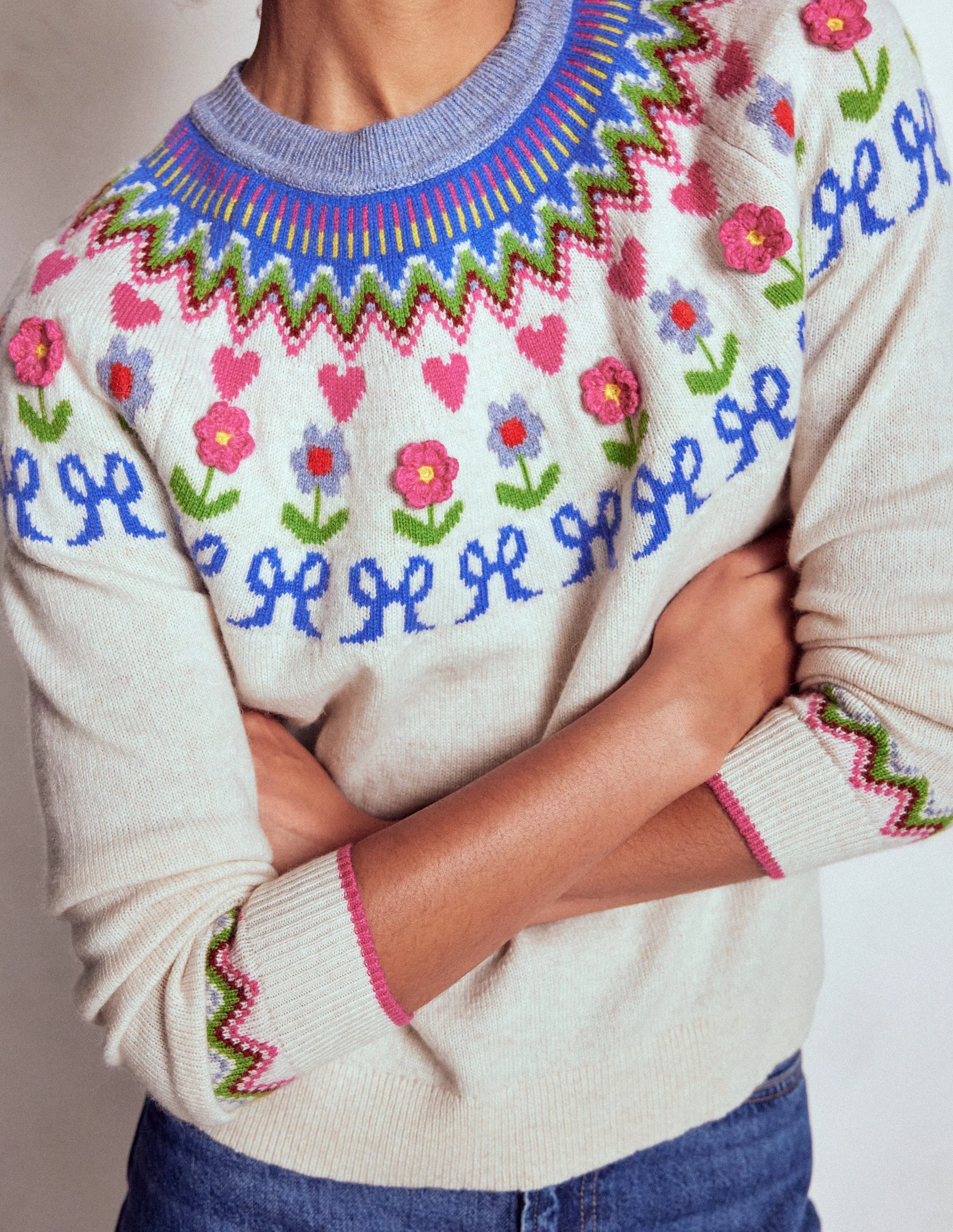 Edie Fair Isle Sweater-Oatmeal Melange, Flowers - Image 2