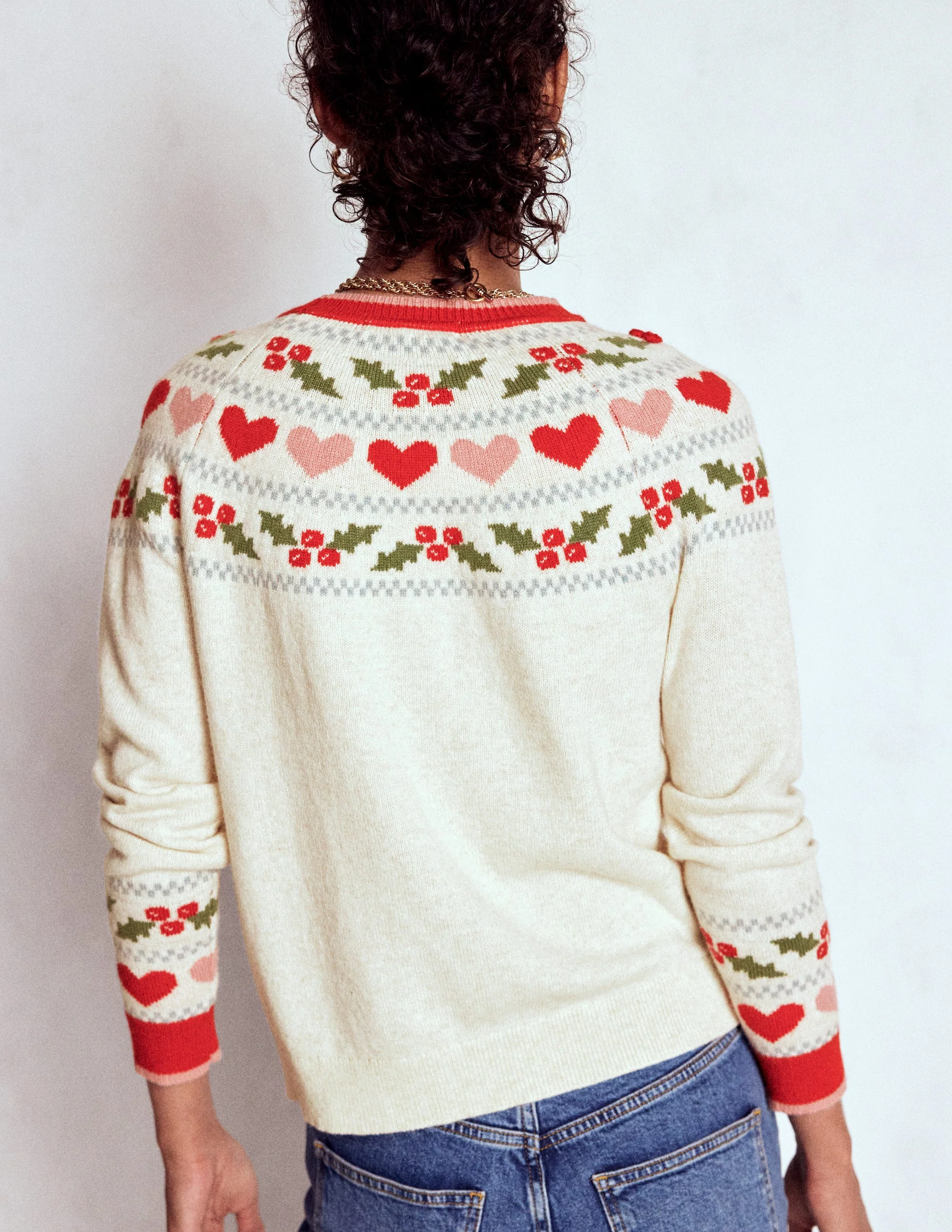 Edie Fair Isle Sweater-Oatmeal Melange, Holly - Image 3