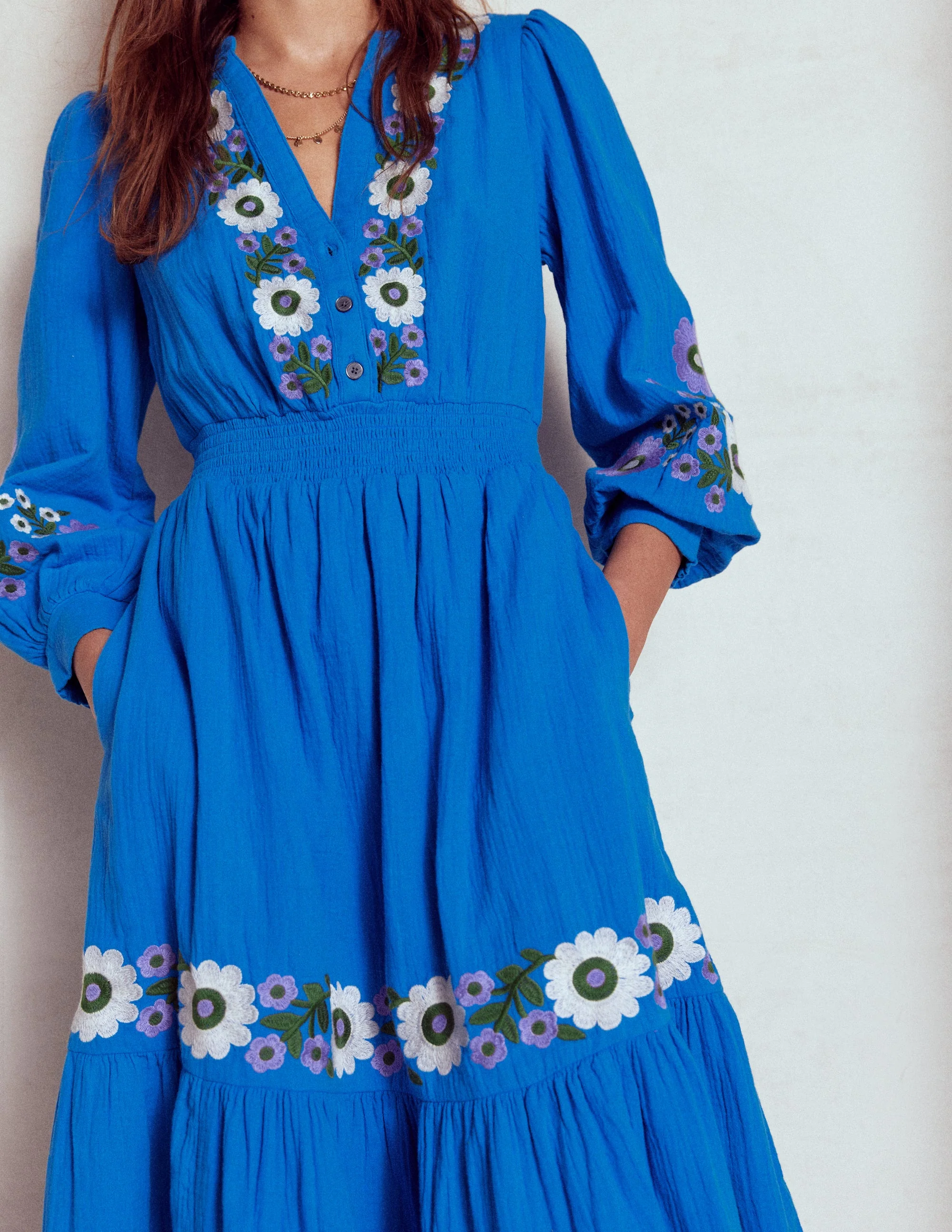 Elena Double Cloth Midi Dress-Blue Embroidery - Image 4