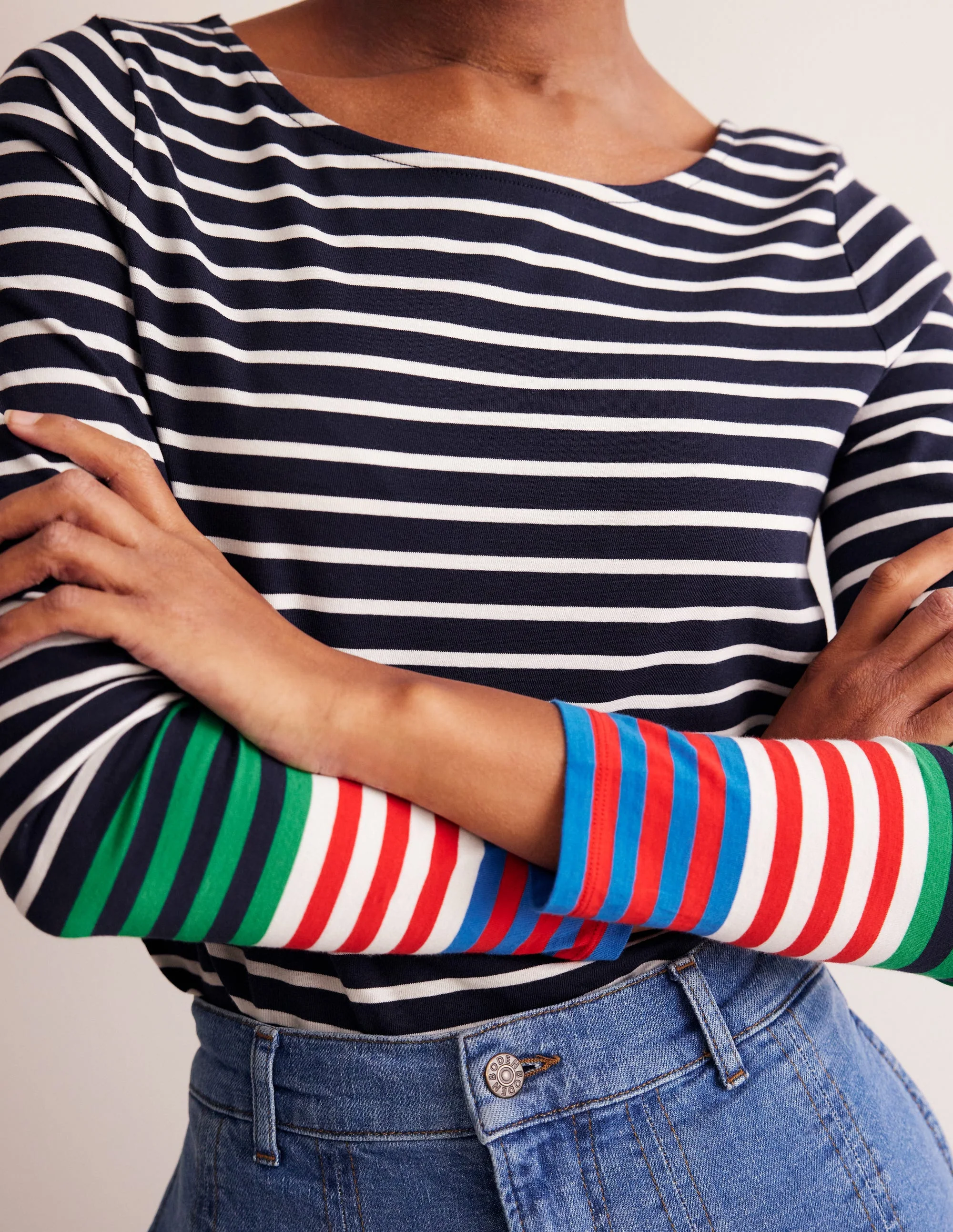Ella Long Sleeve Breton-French Navy, Ivory Multi Cuff - Image 2