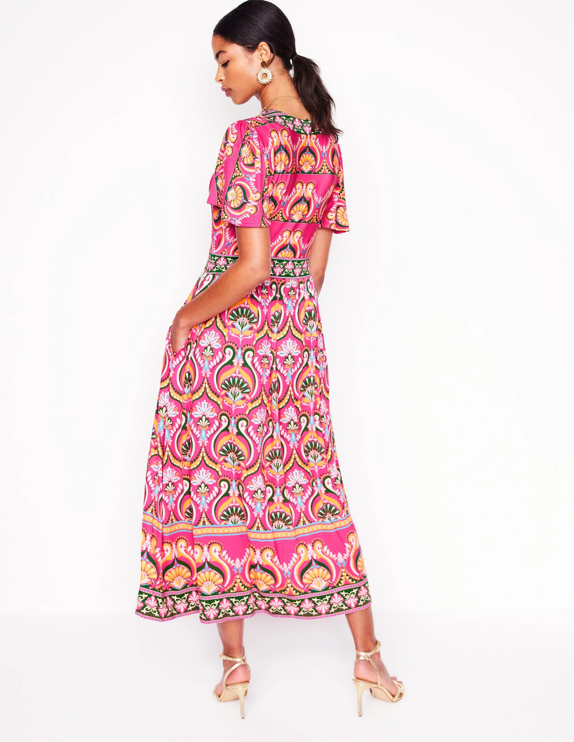 Ellie Flutter Maxi Tea Dress-Pink Peony, Ornamental Floral - Image 3