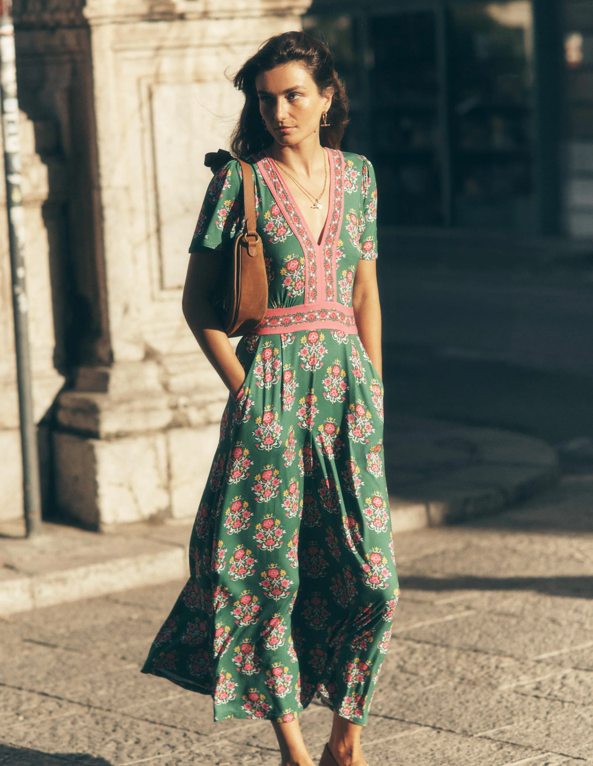 Ellie Flutter Maxi Tea Dress-Rich Emerald, Wildflower Stamp - Image 2