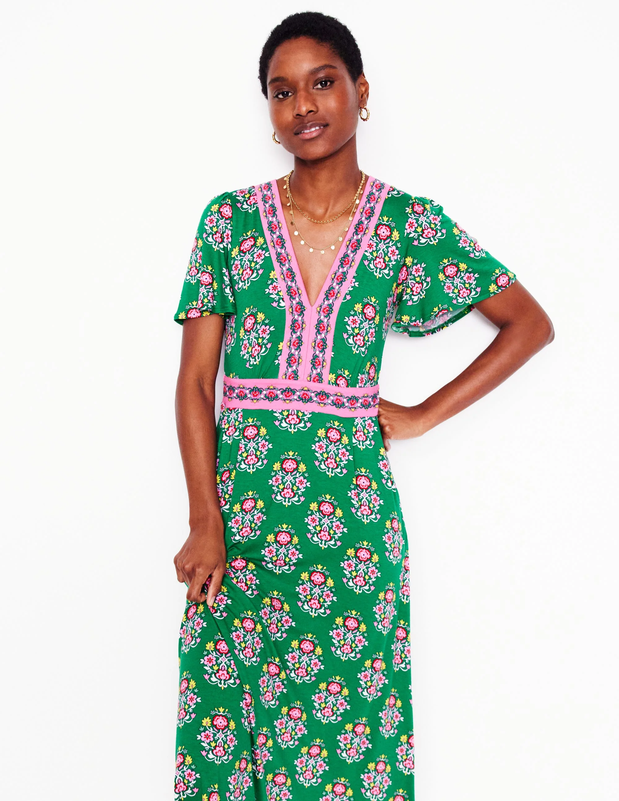 Ellie Flutter Maxi Tea Dress-Rich Emerald, Wildflower Stamp - Image 5