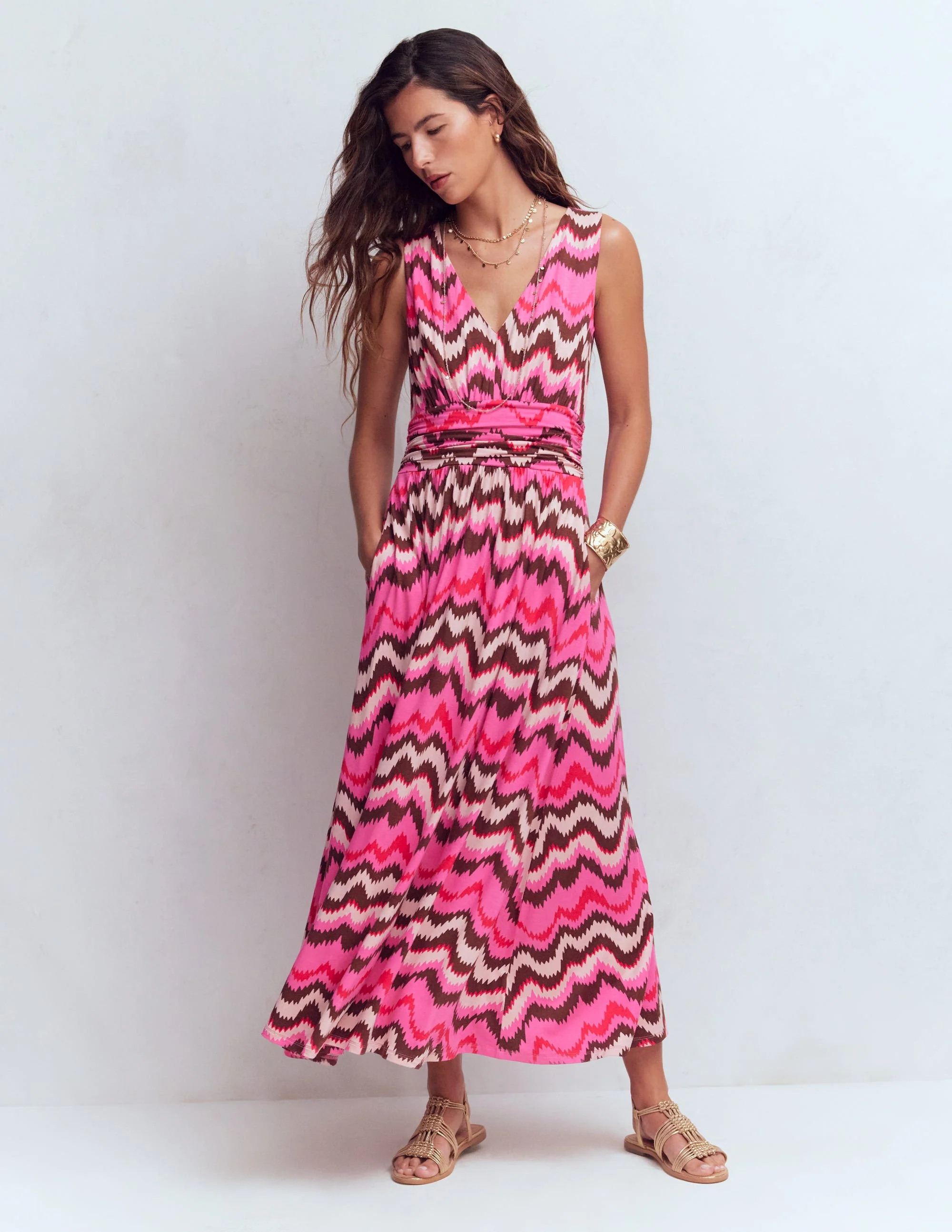 Elodie Jersey Maxi Dress-Pink Punch, Zig Zag Wave - Image 4