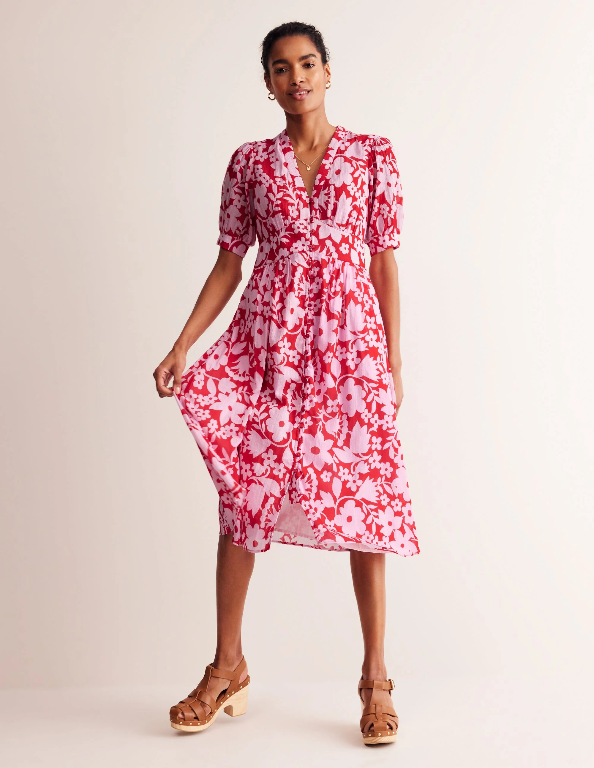 Elsa Crinkle Midi Tea Dress-Flame Scarlet, Tulip Garden - Image 5