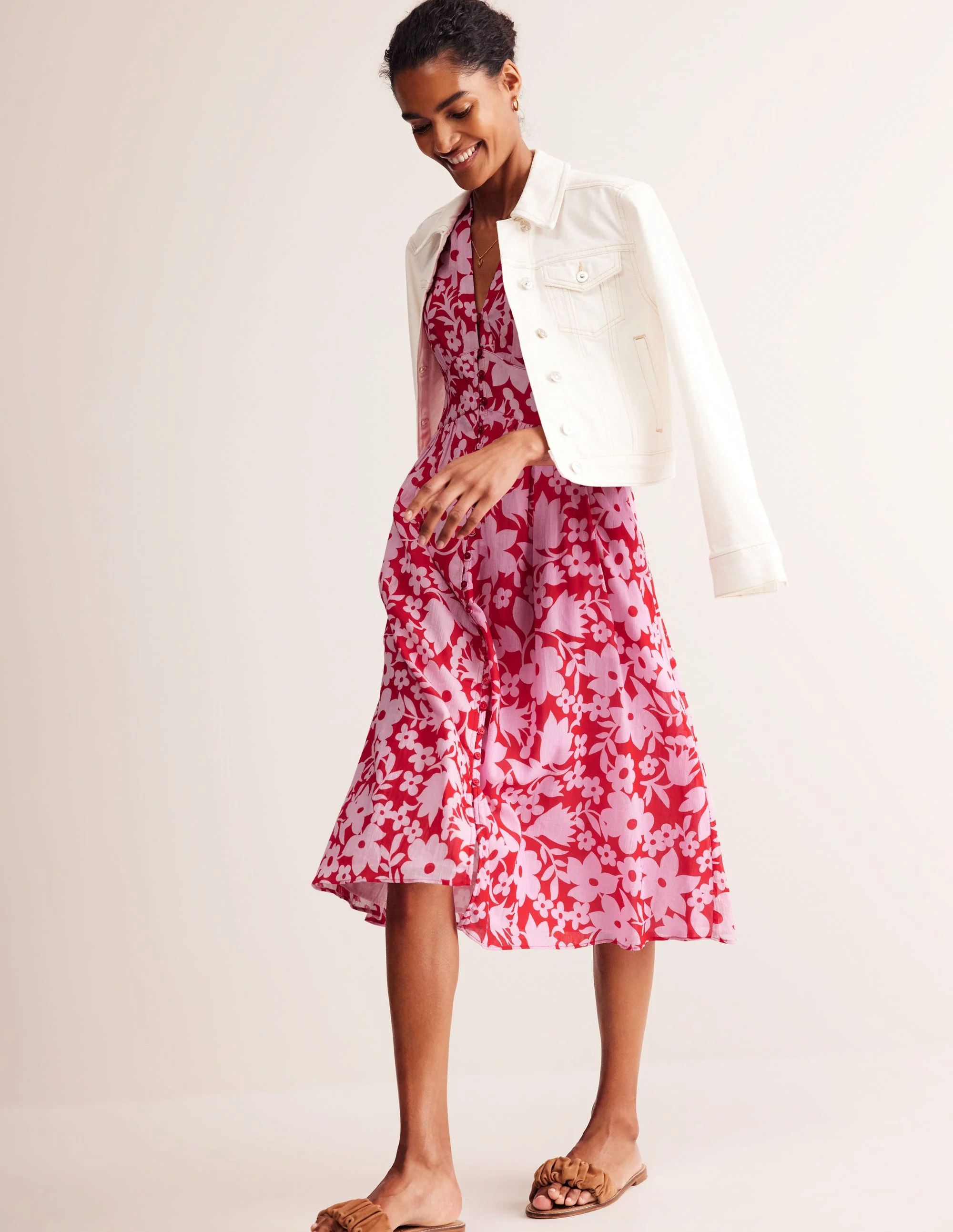 Elsa Crinkle Midi Tea Dress-Flame Scarlet, Tulip Garden - Image 6