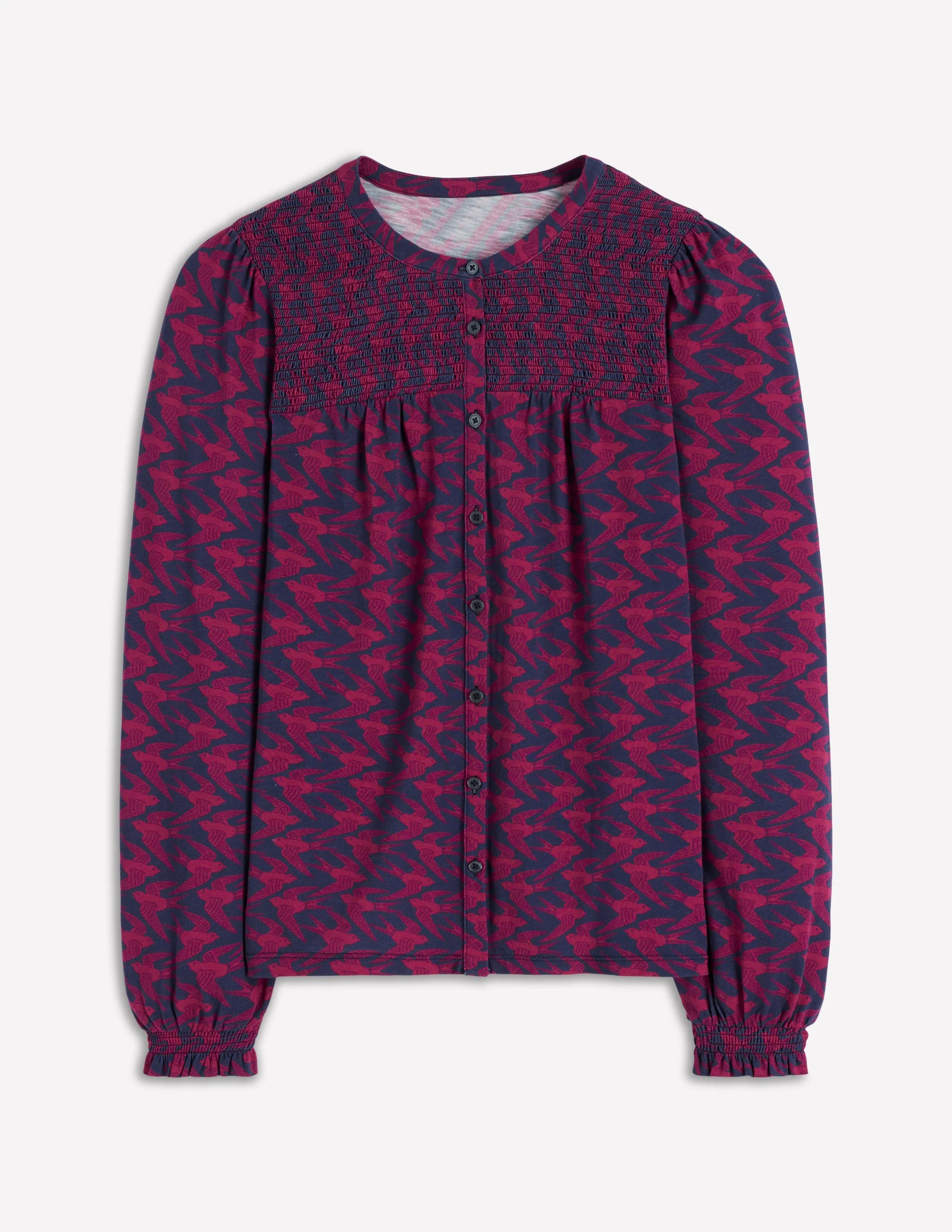 Elsa Smocked Yoke Jersey Shirt-French Navy, Swooping Swallow - Image 5