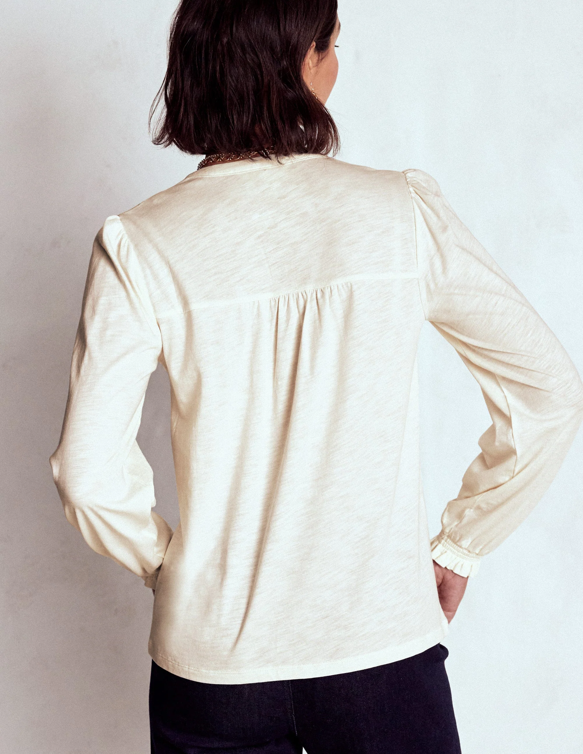 Elsa Smocked Yoke Jersey Shirt-Ivory - Image 3