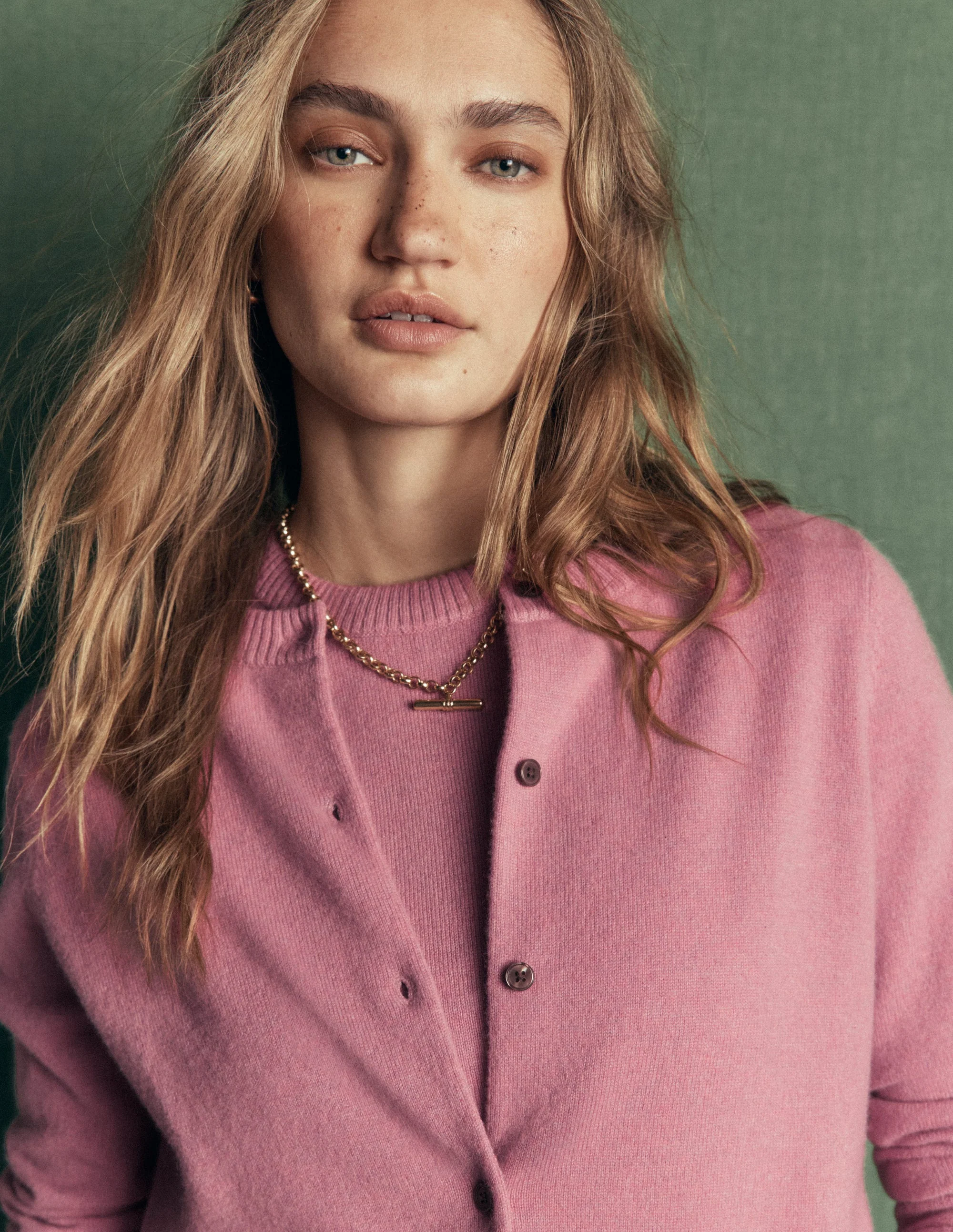 Elsie Cashmere Crew Cardigan-Heather Rose - Image 2