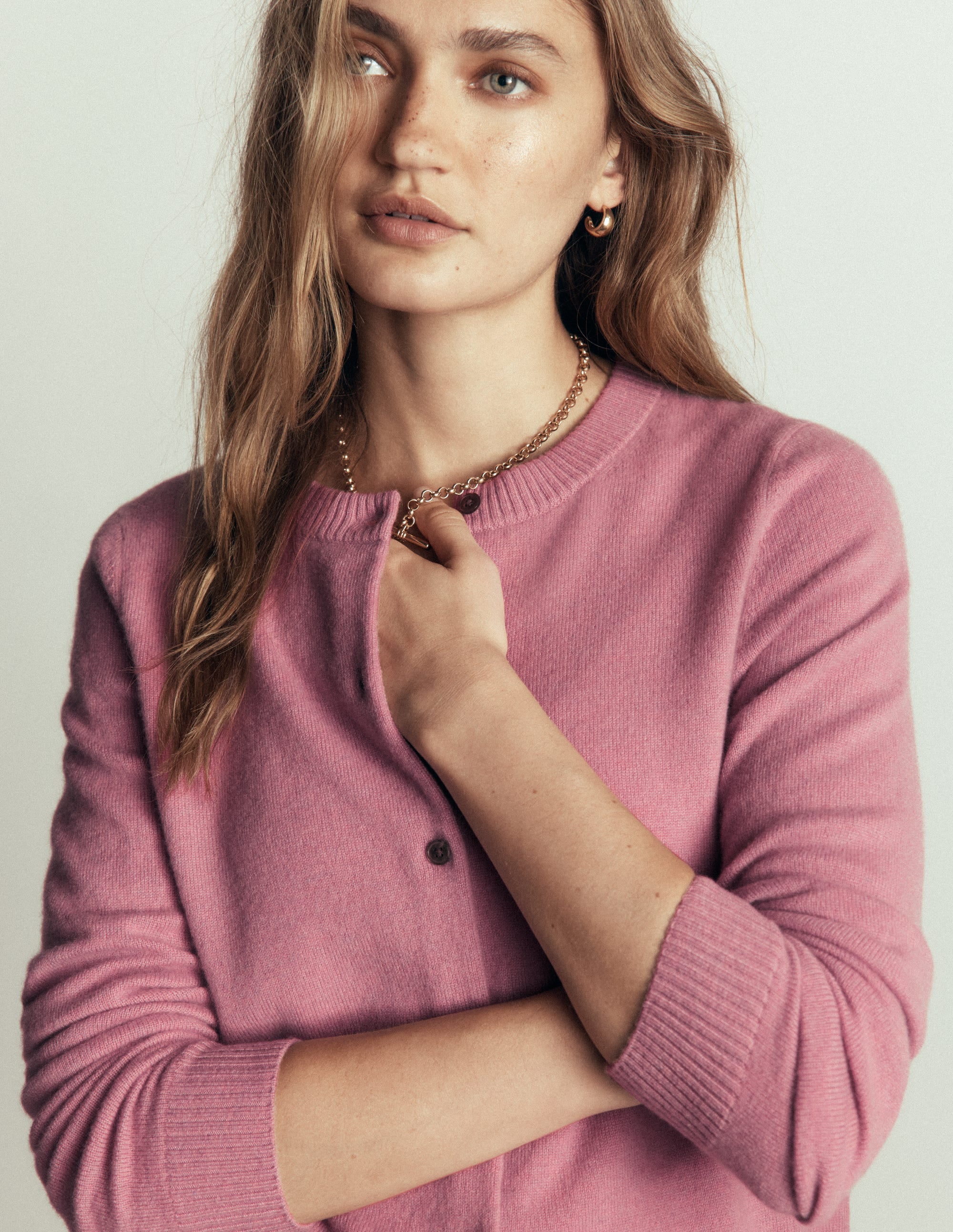 Elsie Cashmere Crew Cardigan-Heather Rose - Image 5