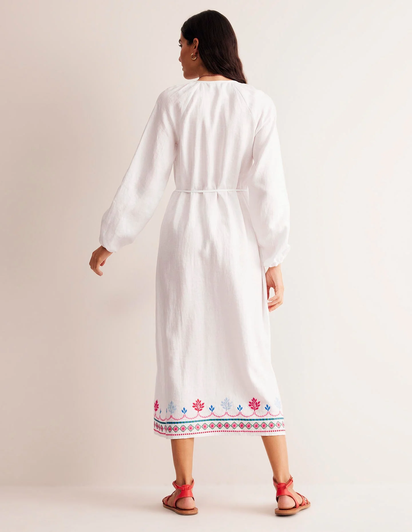Embroidered Belted Linen Dress-White, Multi - Image 3